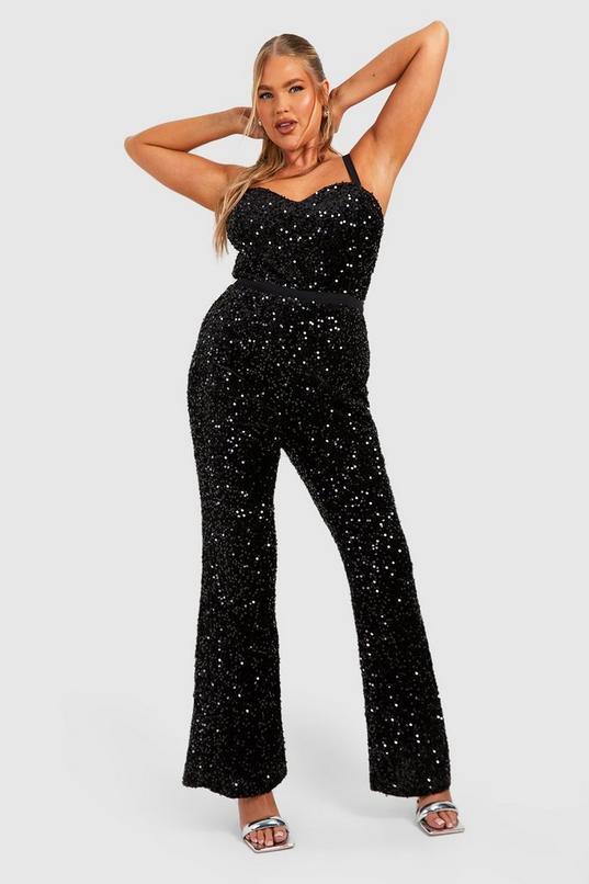 Plus Velvet Sequin Strappy Wide Leg Jumpsuit by BOOHOO Plus Velvet Sequin Strappy Wide Leg Jumpsuit by BOOHOO