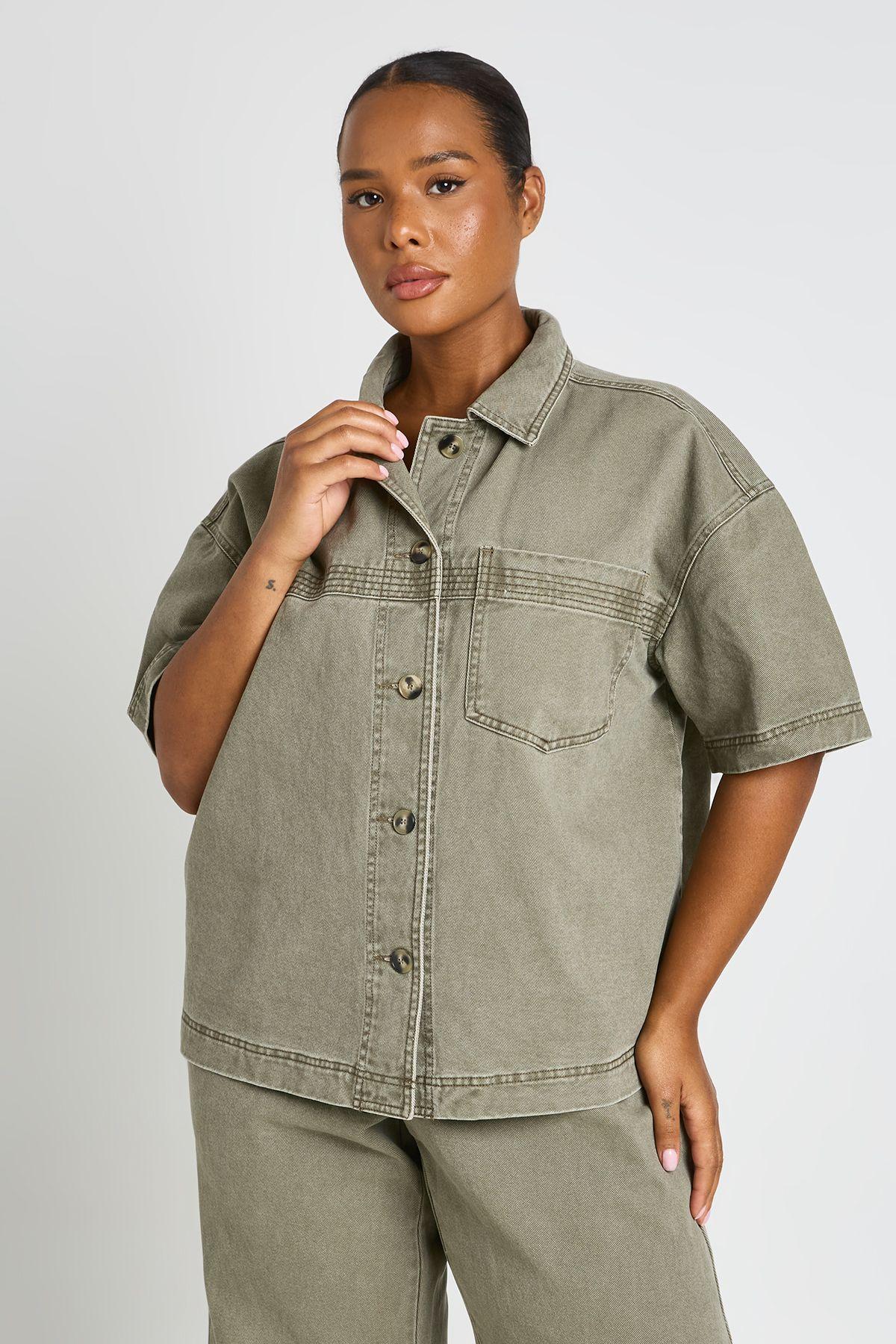 Plus Washed Denim Short Sleeve Shirt by BOOHOO