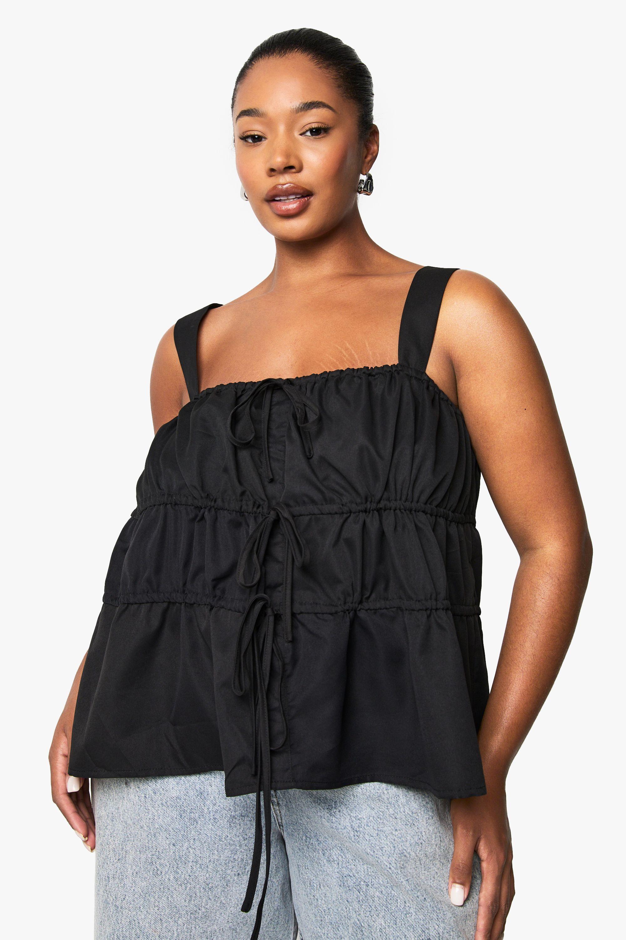 Plus Wide Strap Tie Front Smock Top by BOOHOO