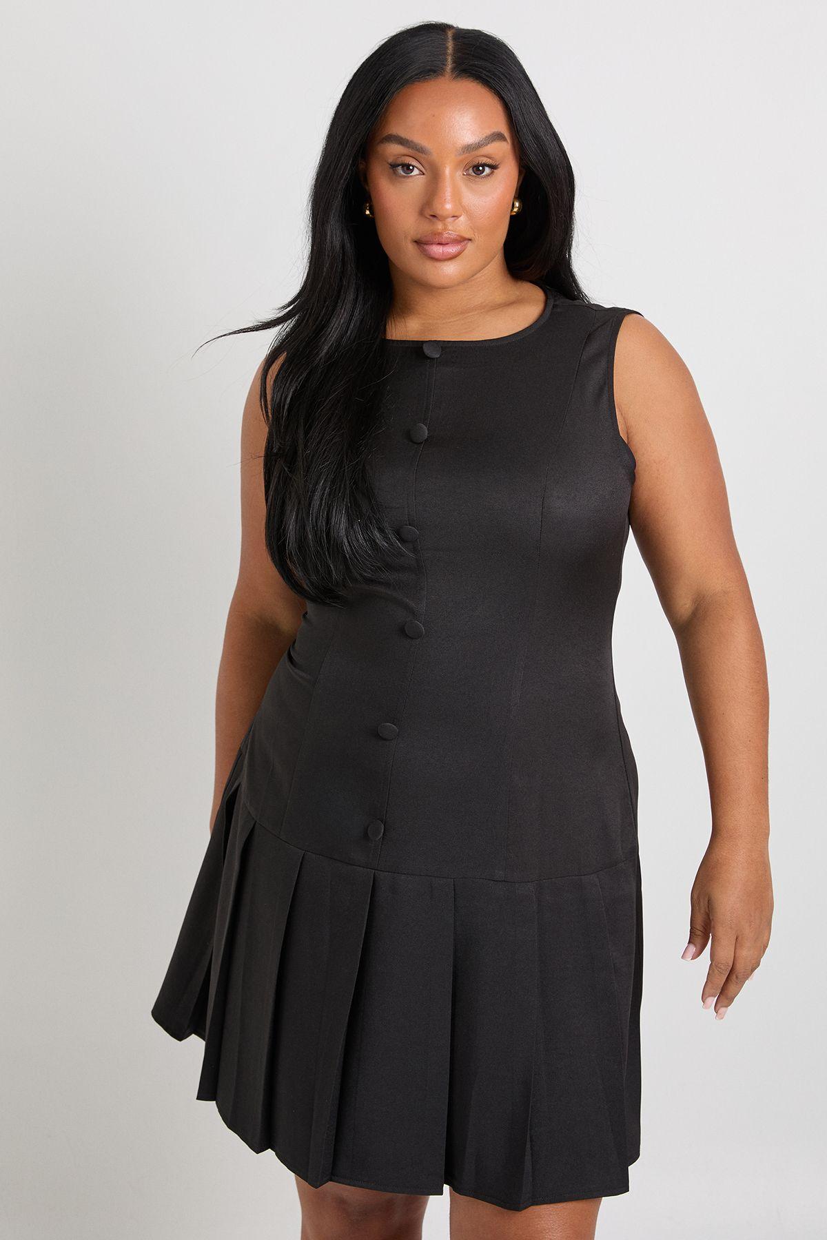 Plus Woven Button Down Pleated Skater Dress by BOOHOO