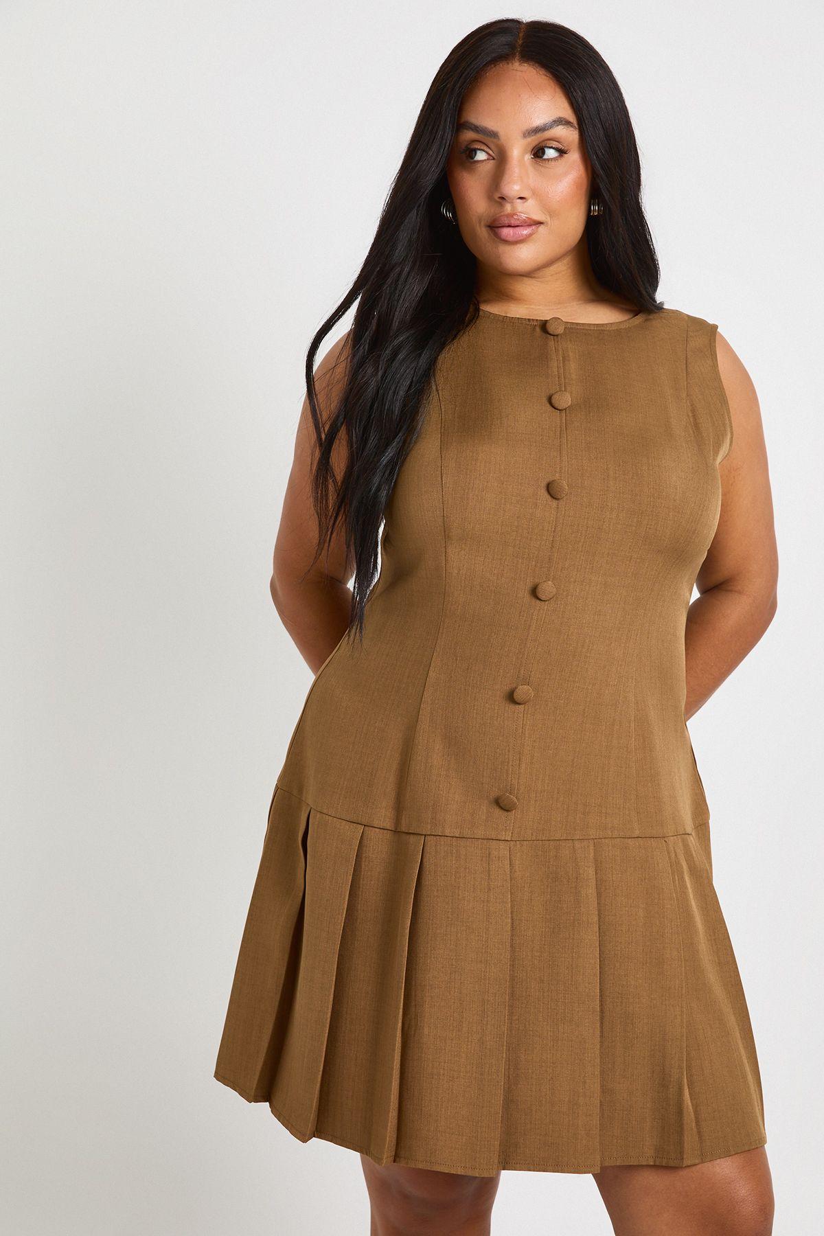Plus Woven Button Down Pleated Skater Dress by BOOHOO