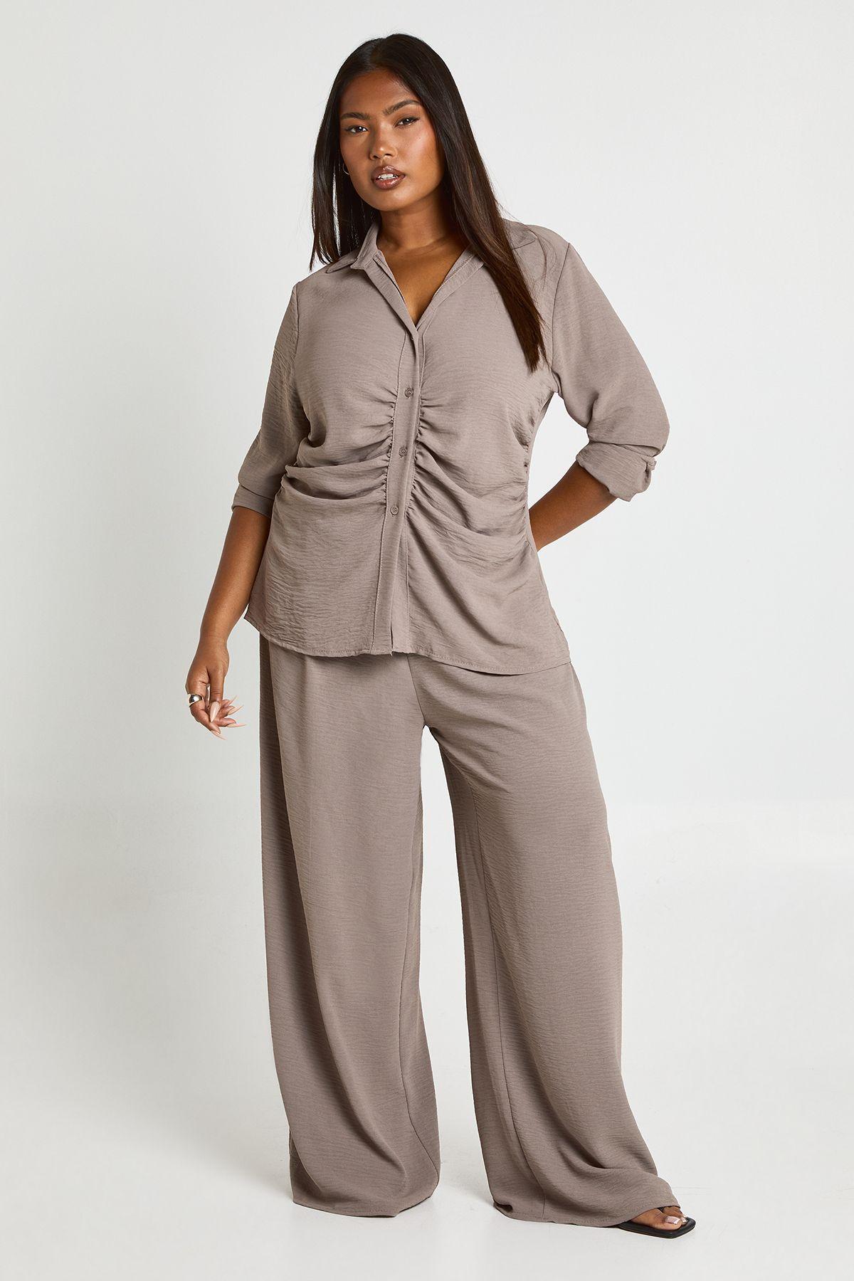 Plus Woven Cinched Shirt & Elasticated Wide Leg Trouser Co Ord by BOOHOO