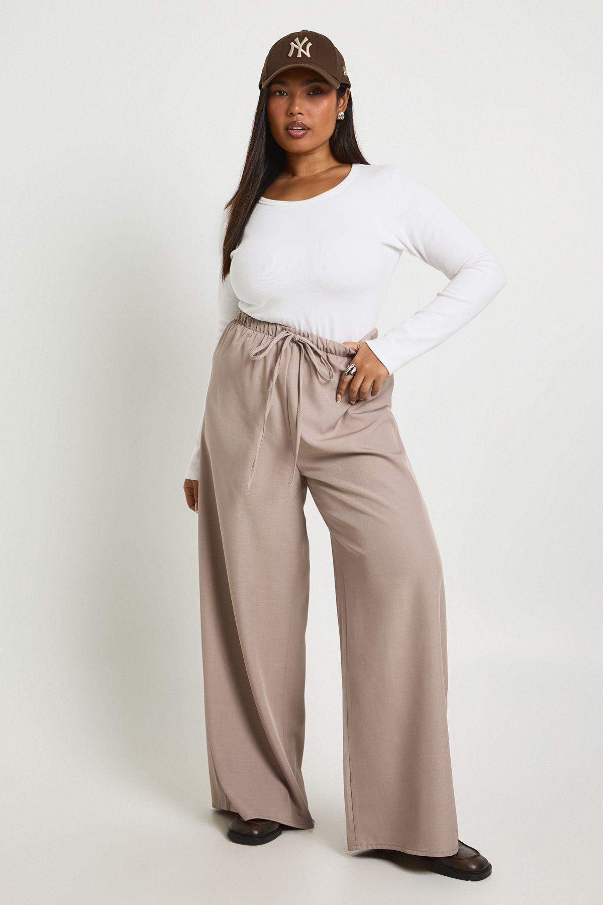 Plus Woven Elasticated Waist Drawstring Wide Leg Trouser by BOOHOO