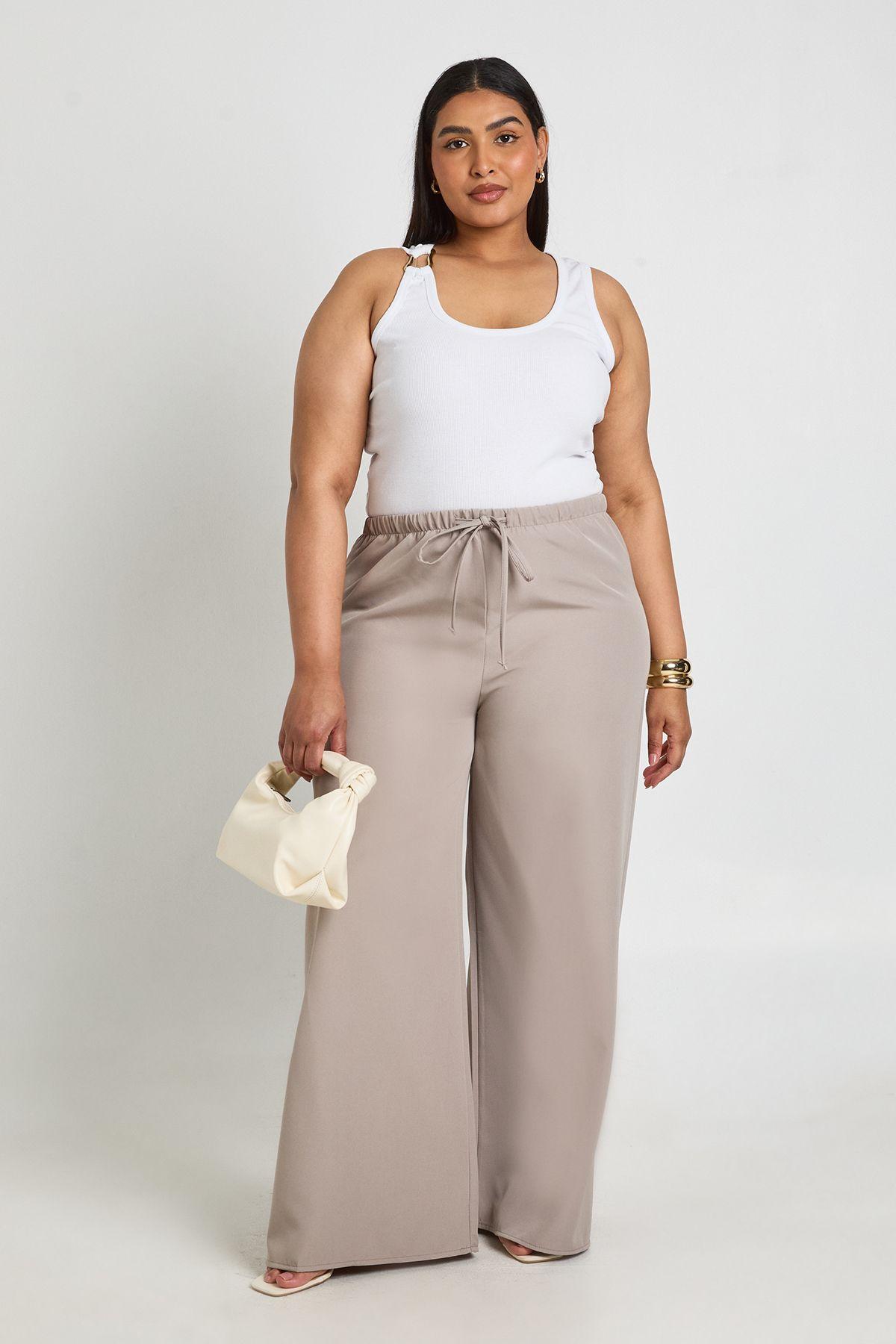 Plus Woven Elasticated Waist Drawstring Wide Leg Trouser by BOOHOO