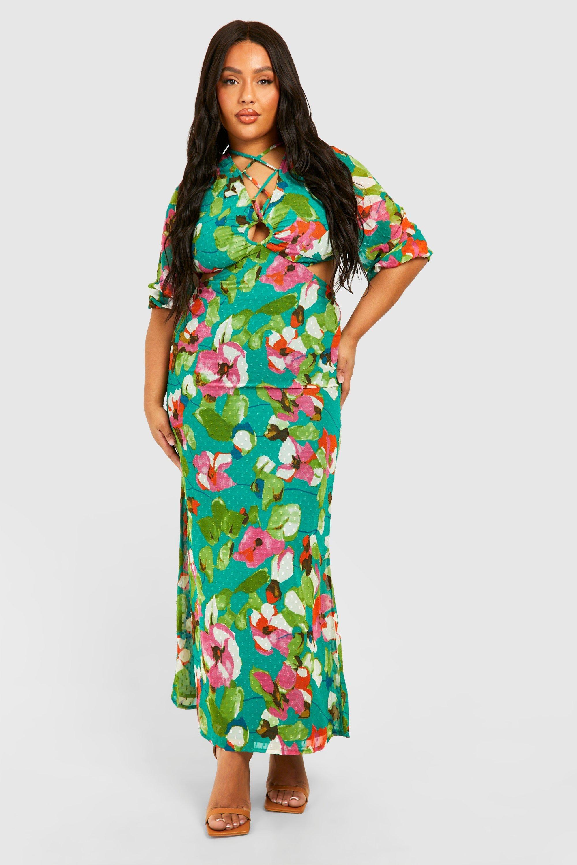 Plus Woven Floral Print Plunge Long Sleeve Midaxi Dress by BOOHOO