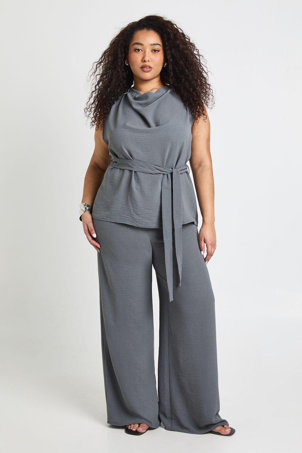 Plus Woven Long Sleeve Cowl Belted Trouser Co-Ord by BOOHOO