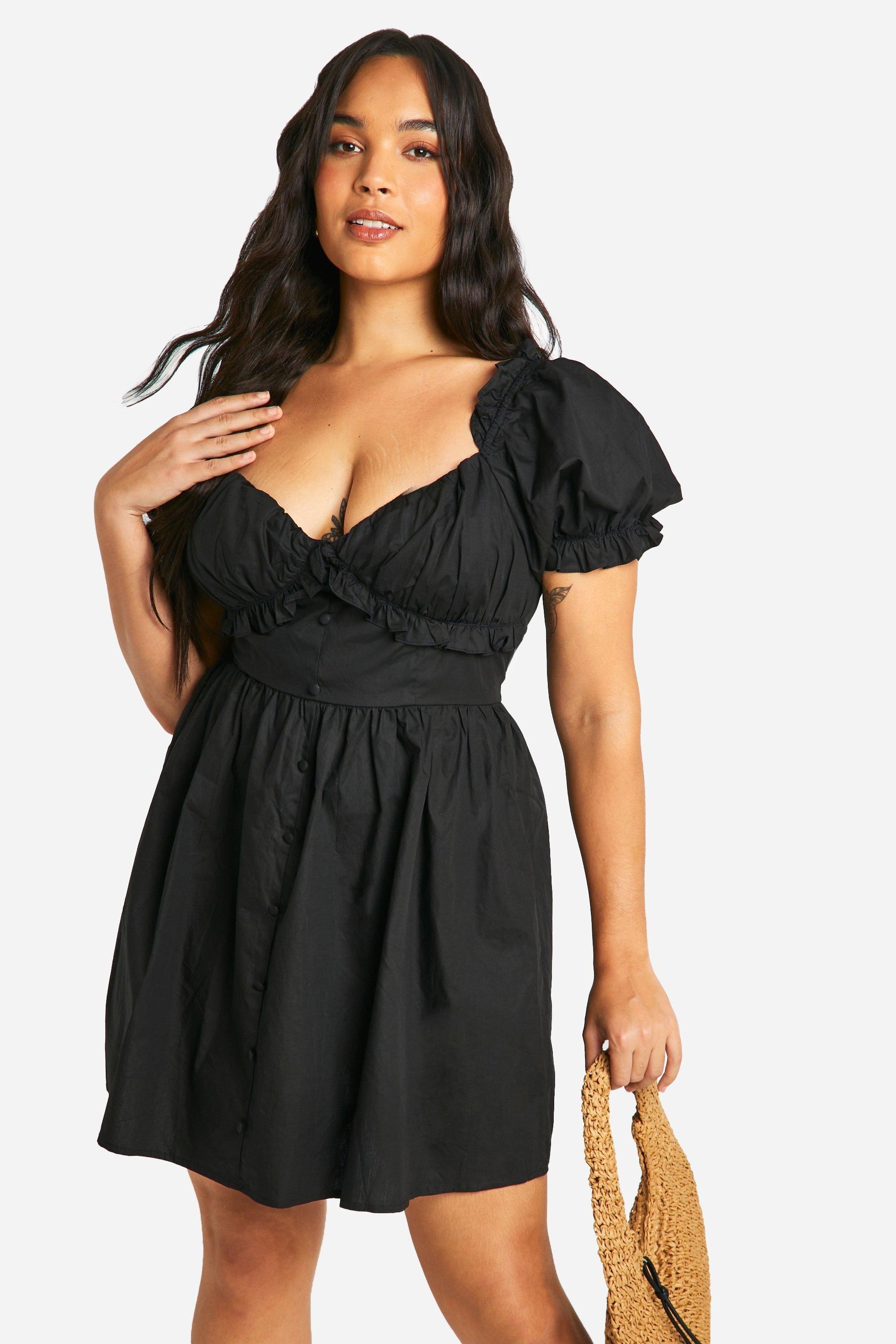 Plus Woven Milkmaid Button Down Skater Dress by BOOHOO