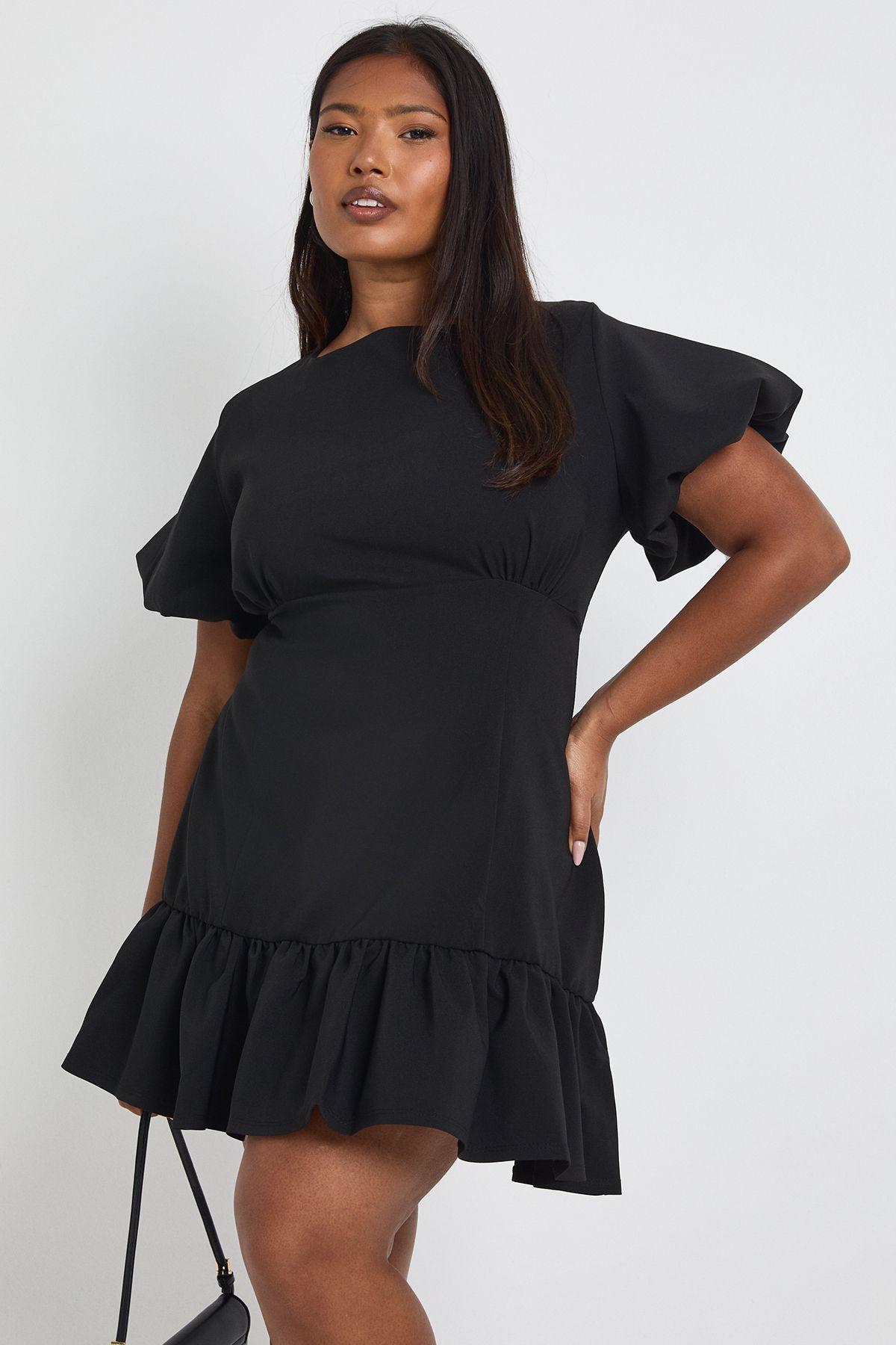 Plus Woven Puff Sleeve Ruffle Hem Shift Dress by BOOHOO