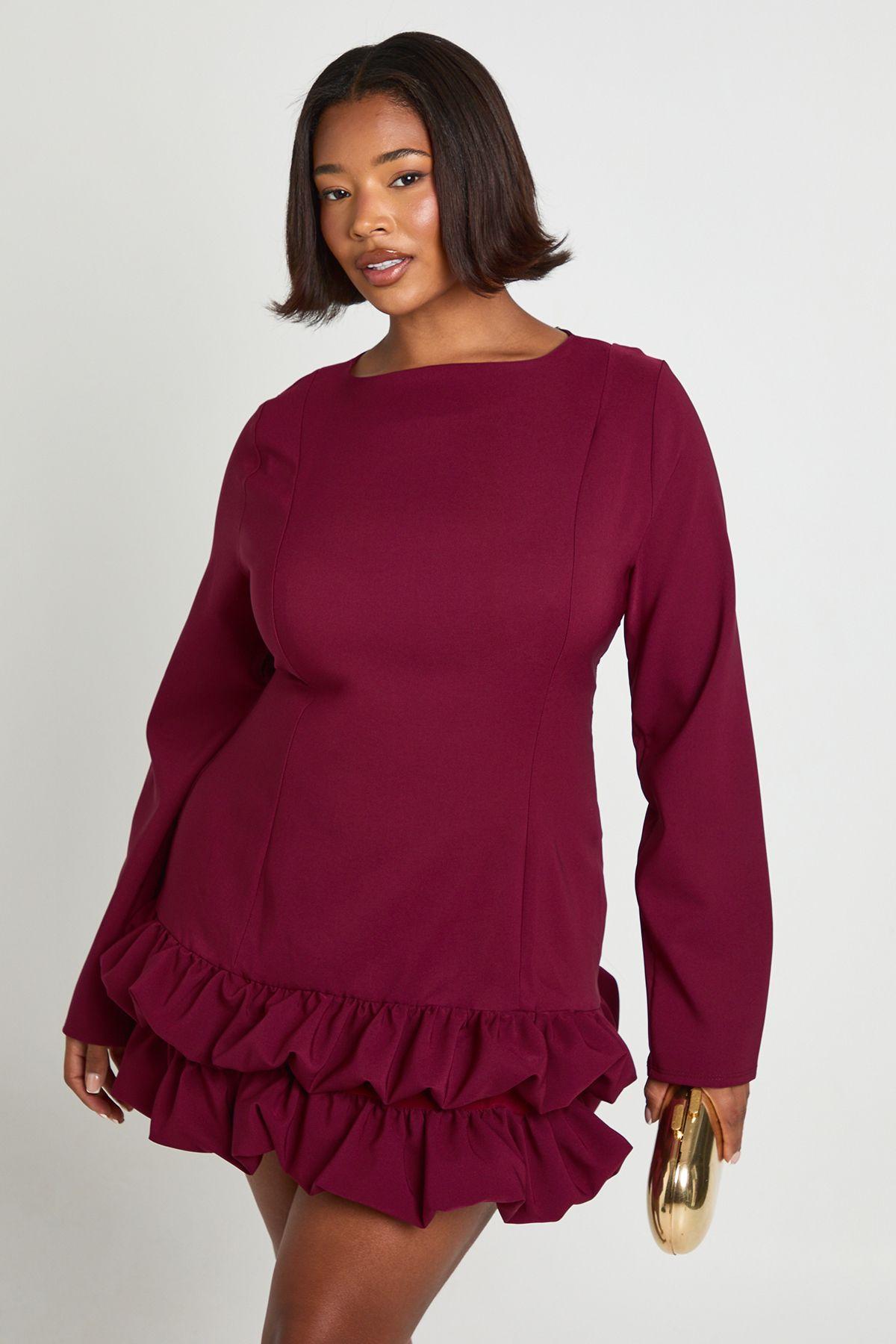 Plus Woven Puff Sleeve Ruffle Hem Shift Dress by BOOHOO Plus Woven Puff Sleeve Ruffle Hem Shift Dress by BOOHOO