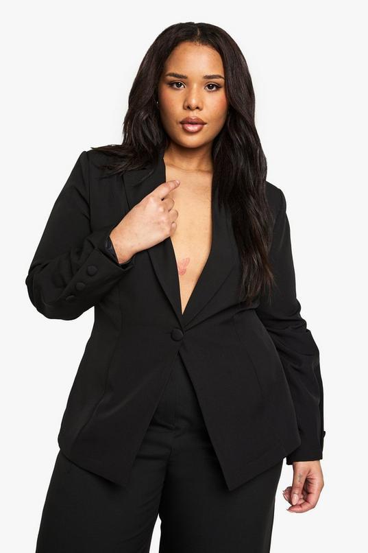 Plus Woven Tailored Self Fabric Button Detail Blazer by BOOHOO