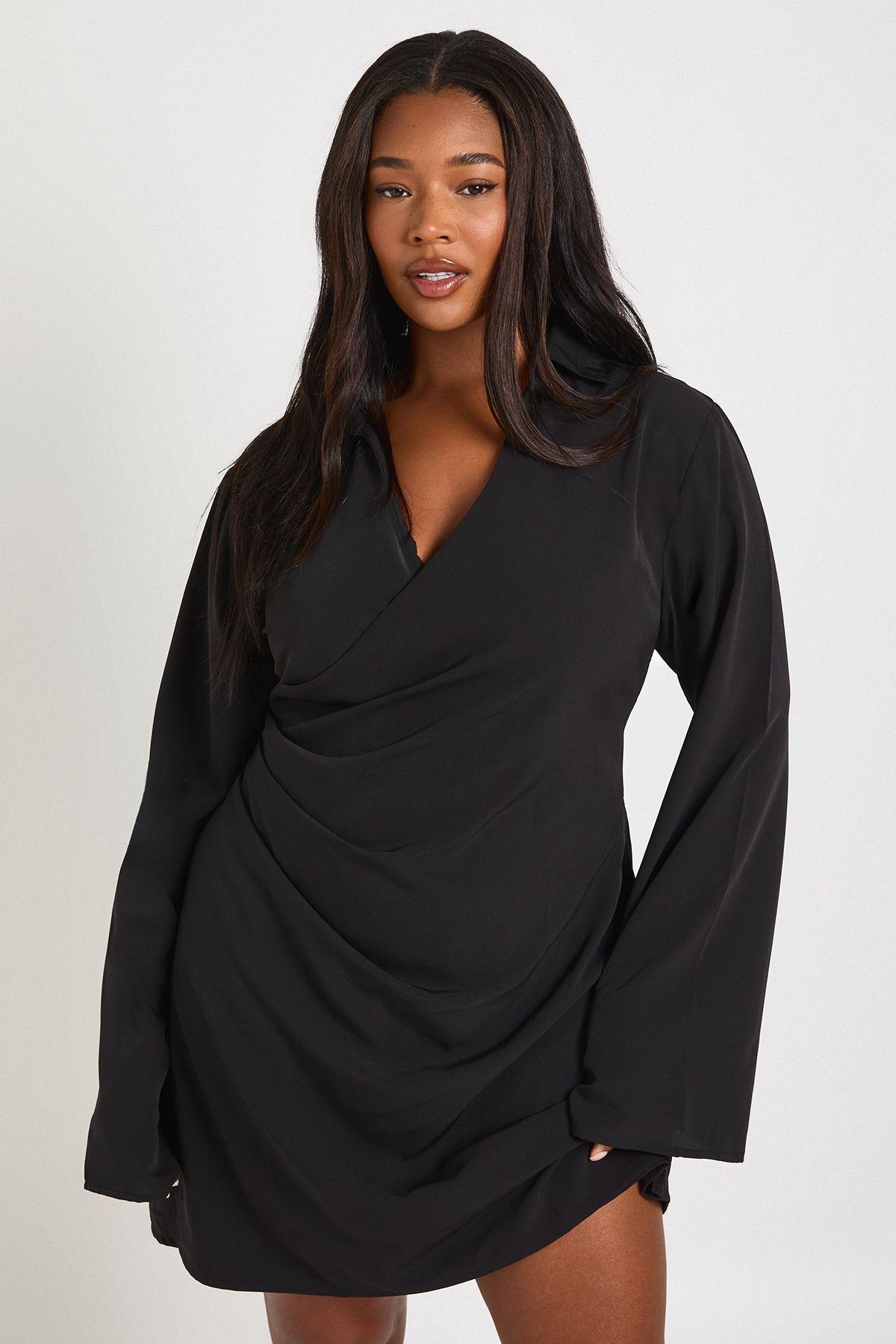 Plus Woven Wrap Drape Detail Mini Dress by BOOHOO