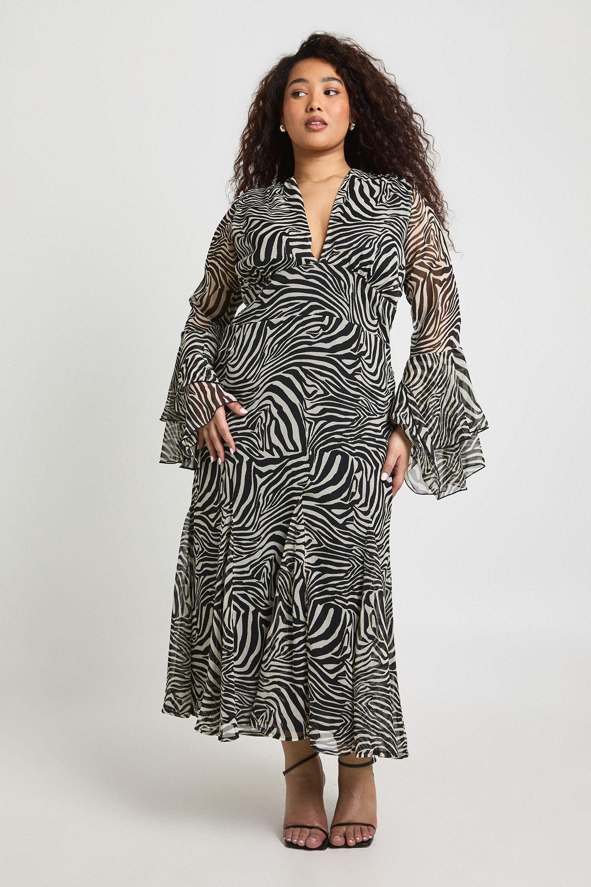 Plus Zebra Flared Cuff Godet Midaxi Skater Dress by BOOHOO