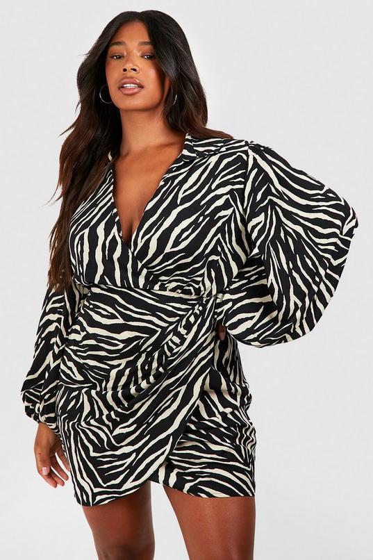 Plus Zebra Print Blouson Sleeve Wrap Dress by BOOHOO