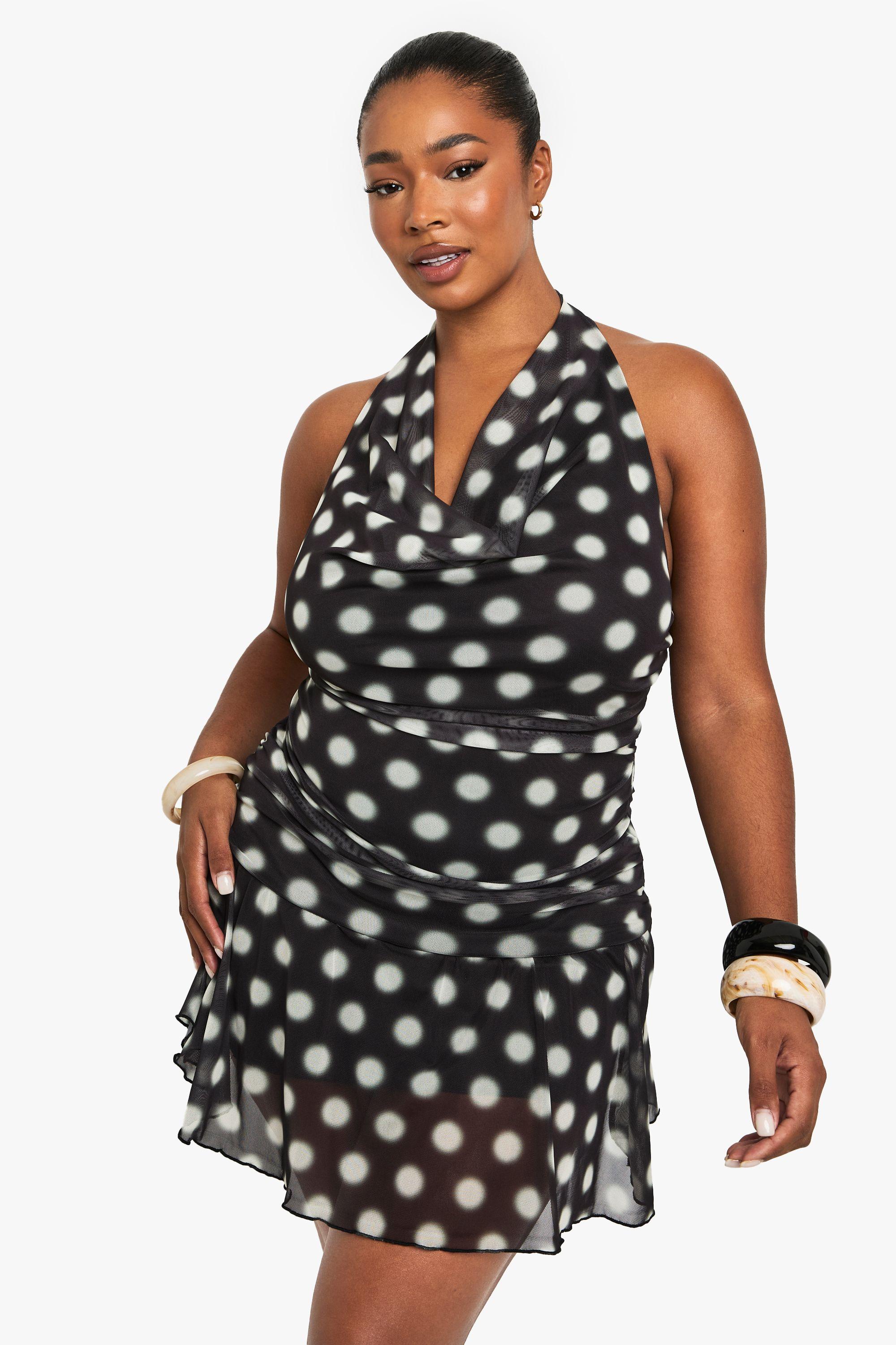 Plus blurred polka dot mesh drop hem mini dress by BOOHOO