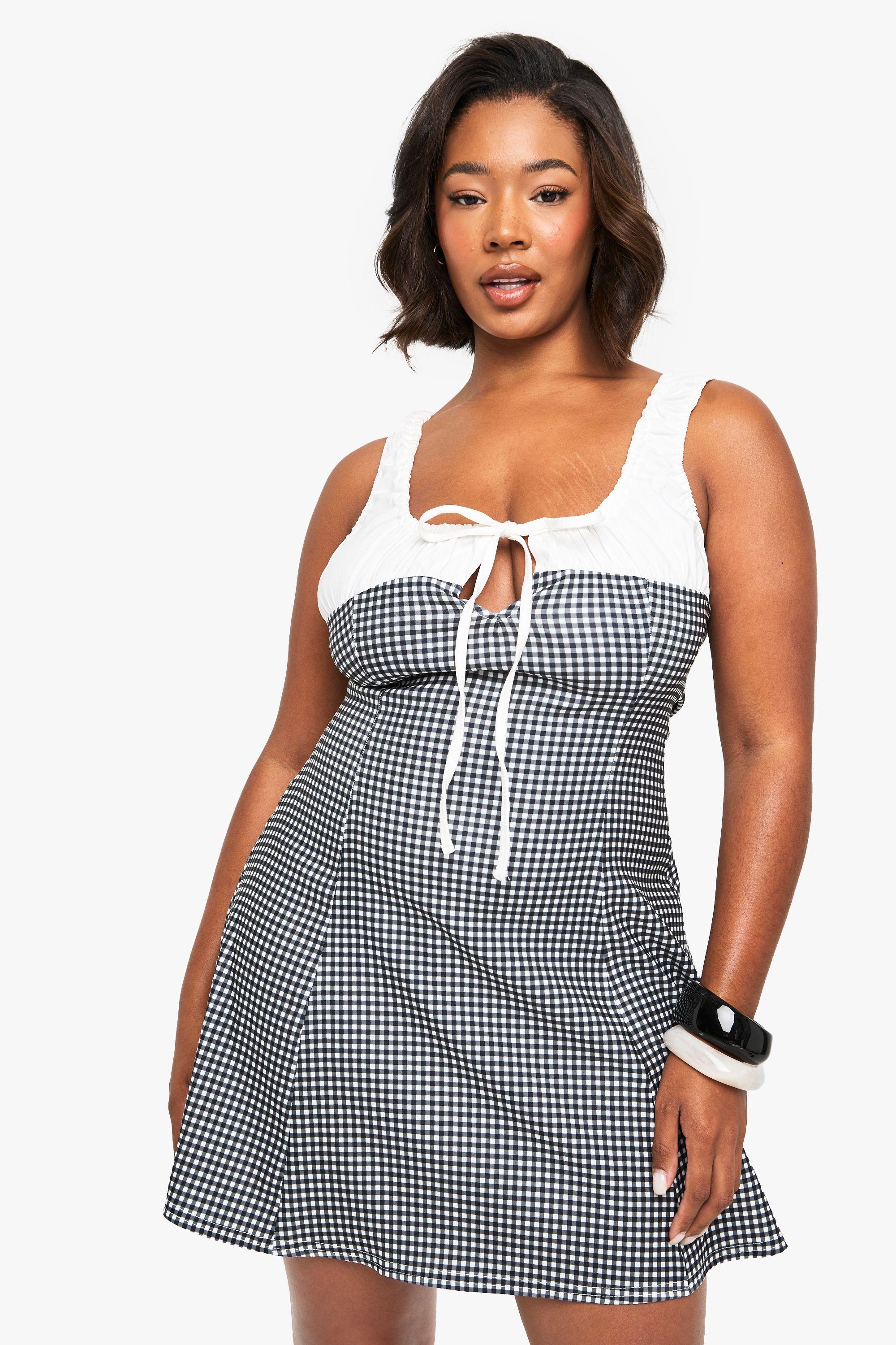 Plus gingham contrast milkmaid mini dress by BOOHOO