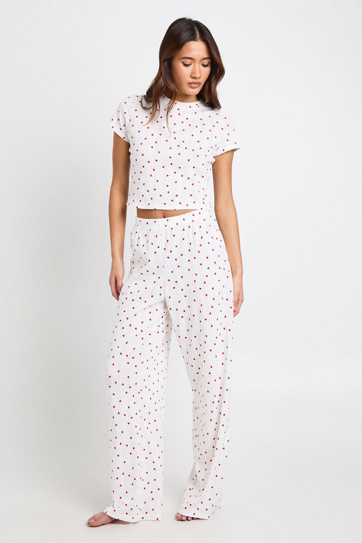 Pointelle Heart Print Baby Tee & Wide Leg Trouser Pyjama Set by BOOHOO