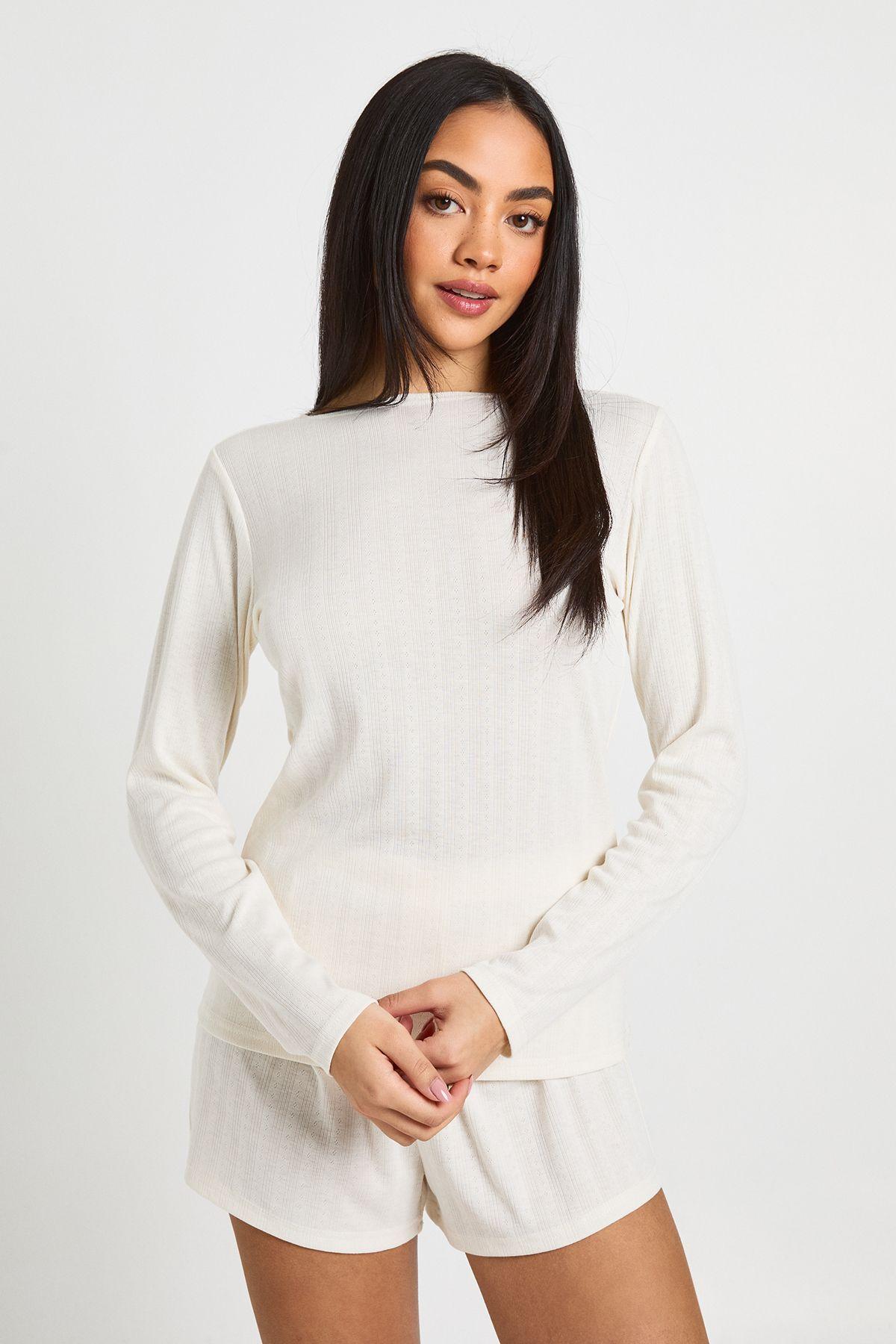 Pointelle Long Sleeve Top and Short Pyjama Set by BOOHOO