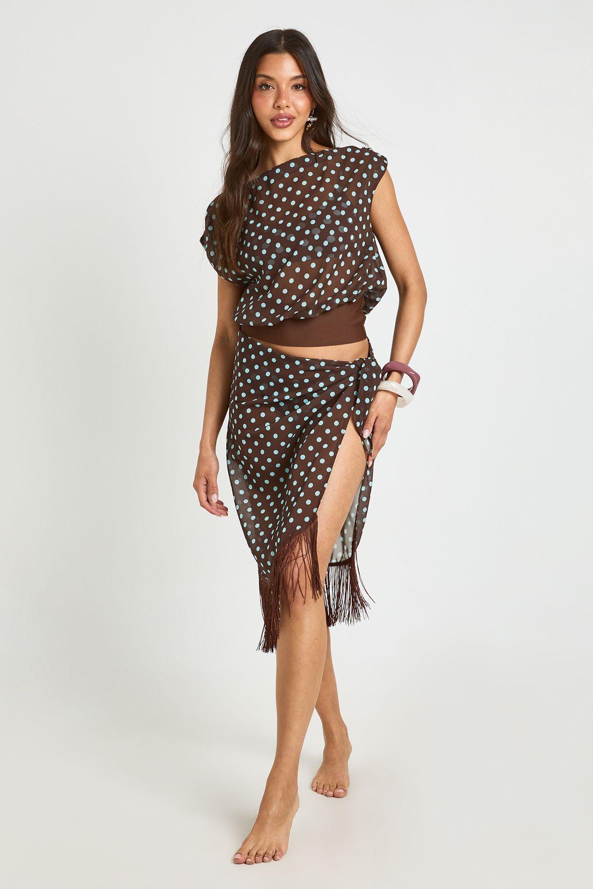 Polka Dot Asym Top And Fringe Sarong Co-ord by BOOHOO