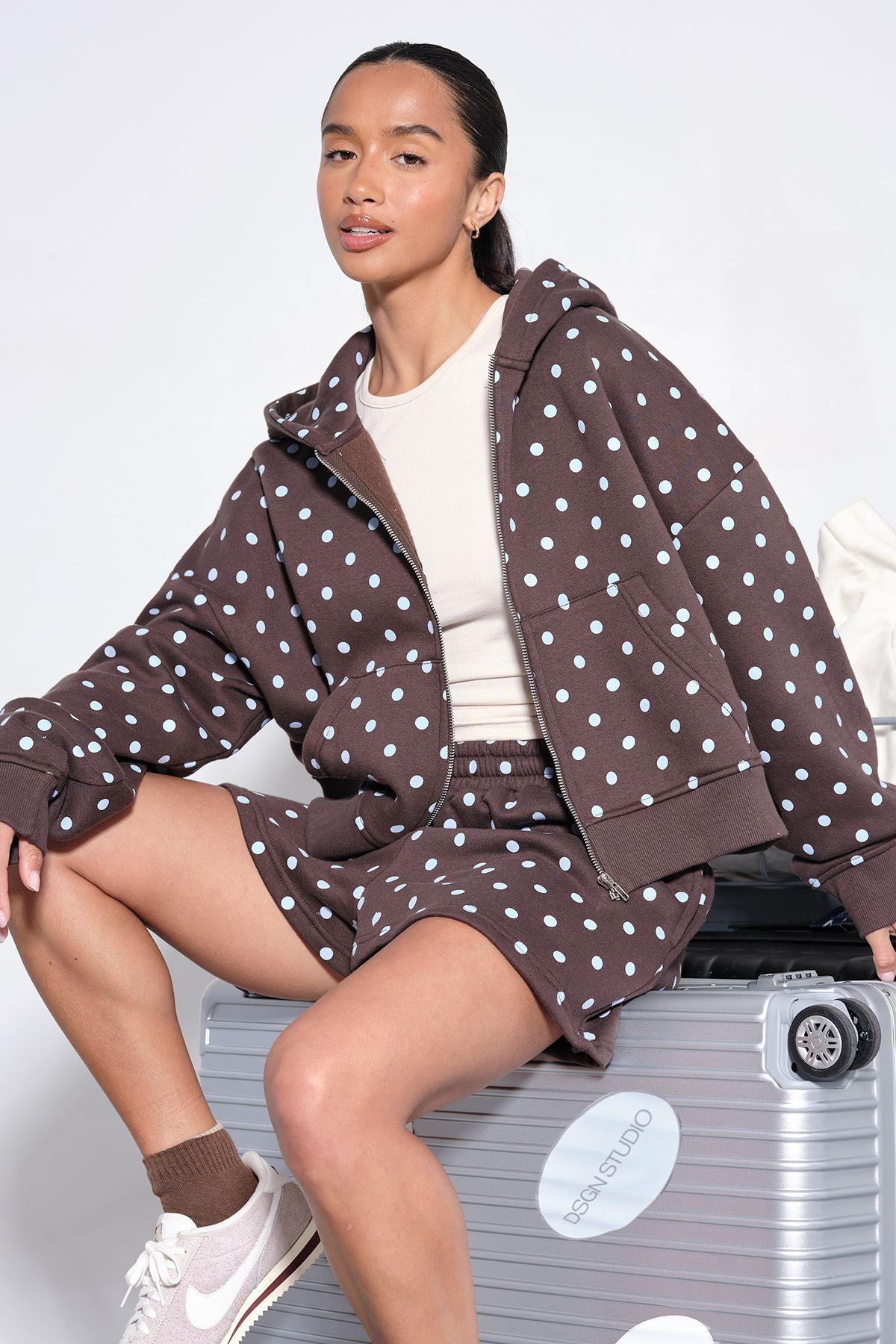 Polka Dot Boxy Zip Through Crop Hoodie by BOOHOO