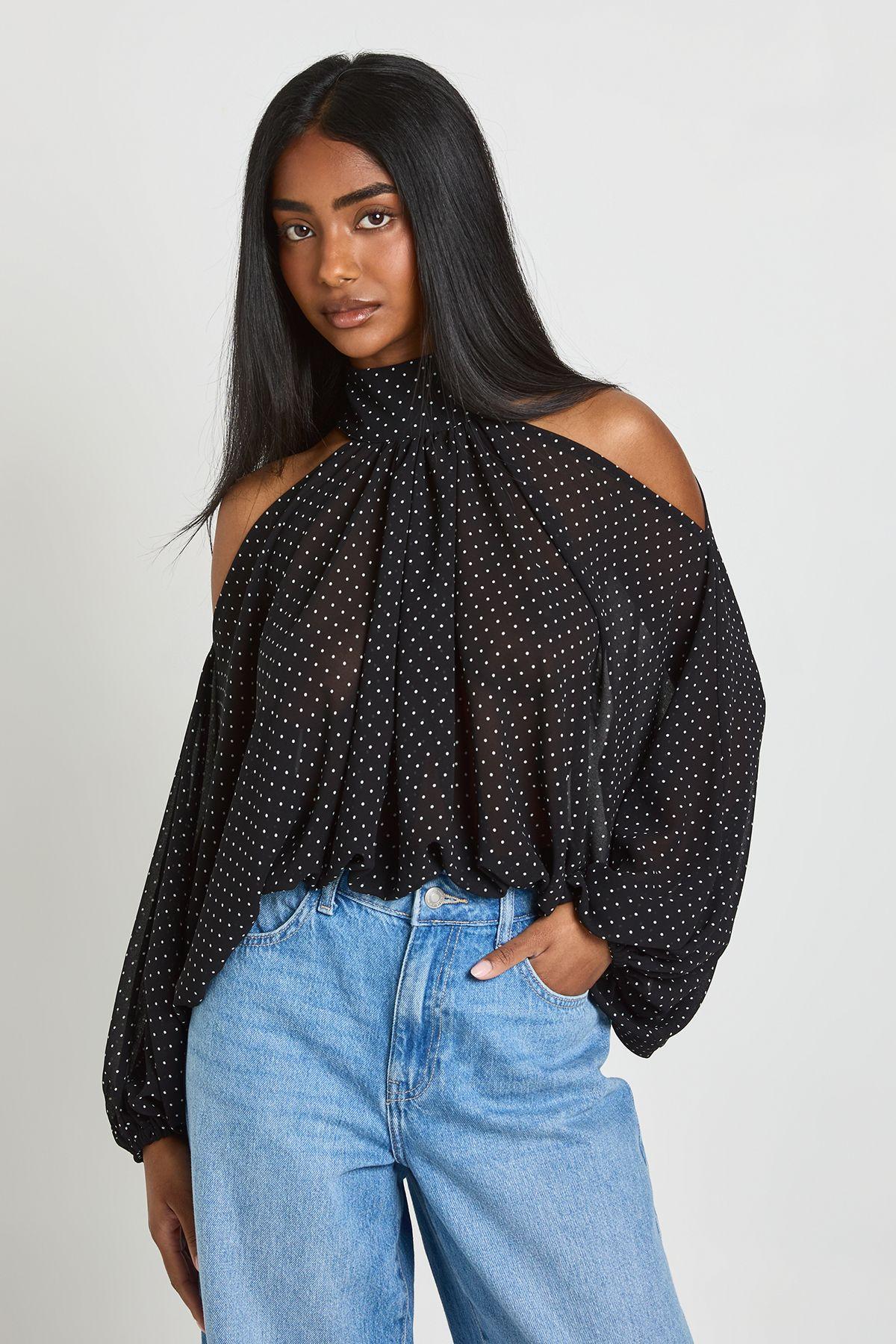 Polka Dot Chiffon Cold Shoulder Volume Sleeve Blouse by BOOHOO