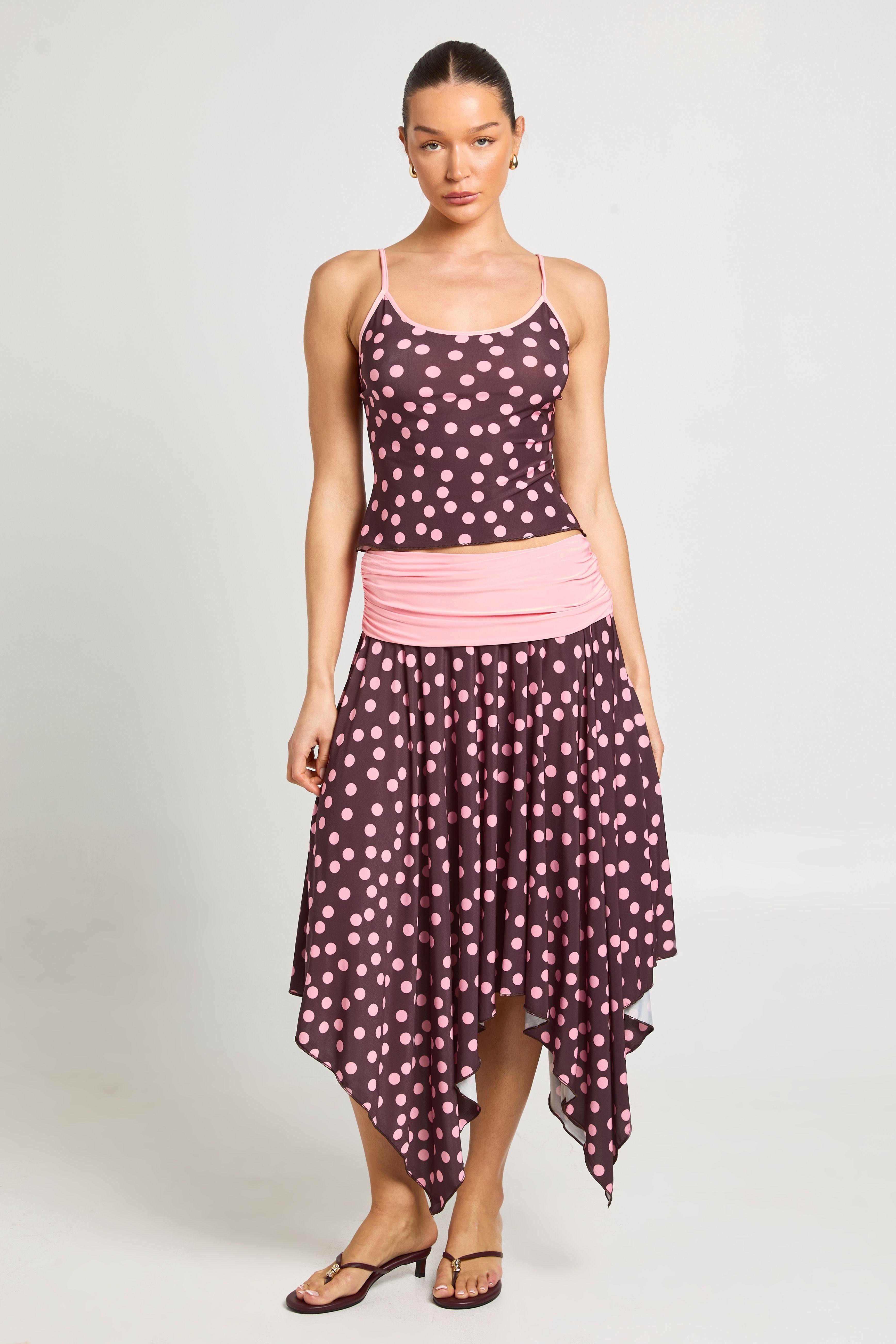 Polka Dot Contrast Fold Over Waistband Midi Skirt by BOOHOO