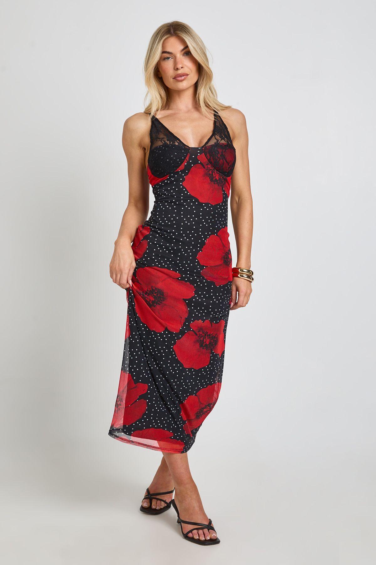 Polka Dot Floral Print Bodycon Dress With Lace Cup Detail by BOOHOO
