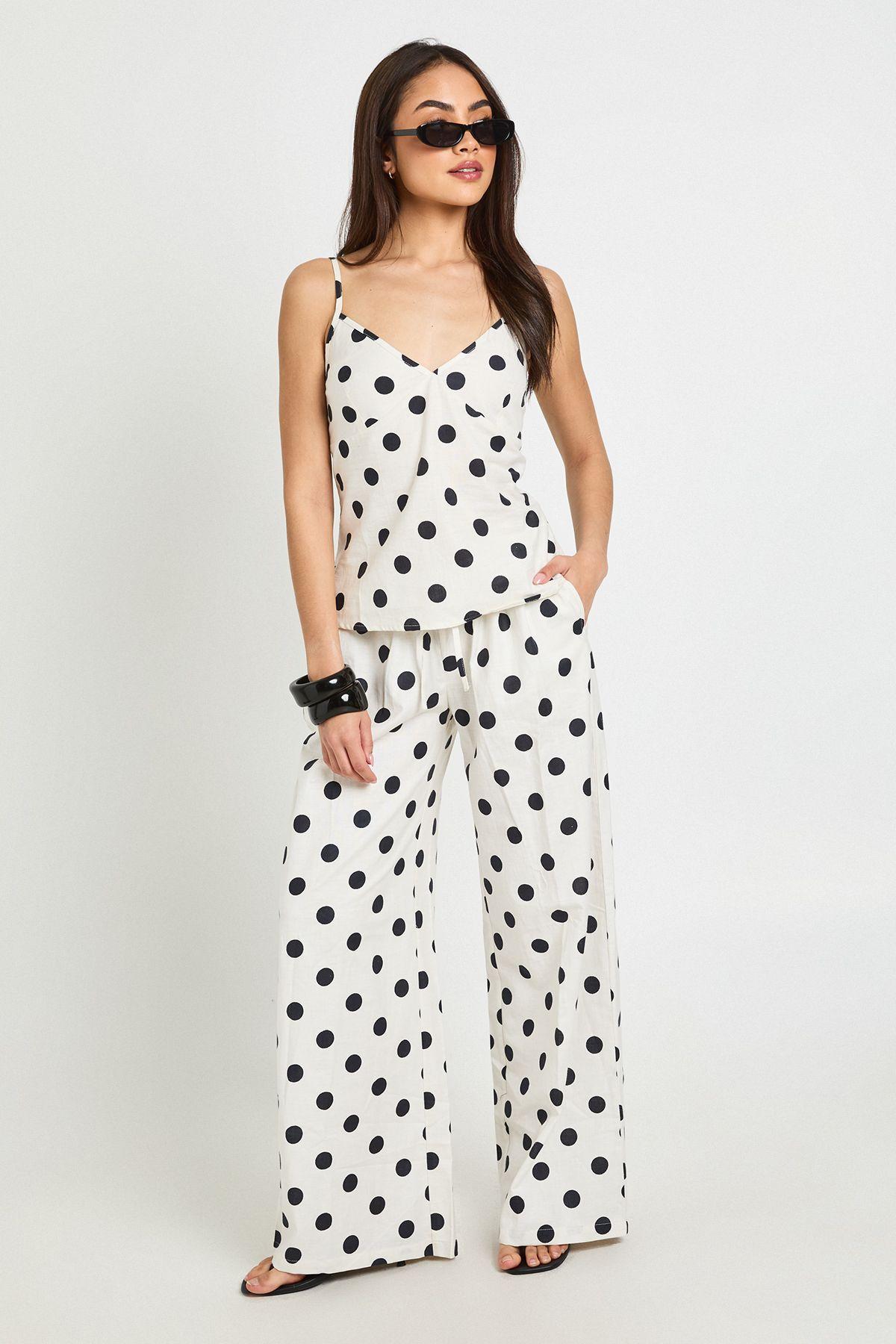 Polka Dot Linen Look Cami & Wide Leg Trouser Co-ord by BOOHOO