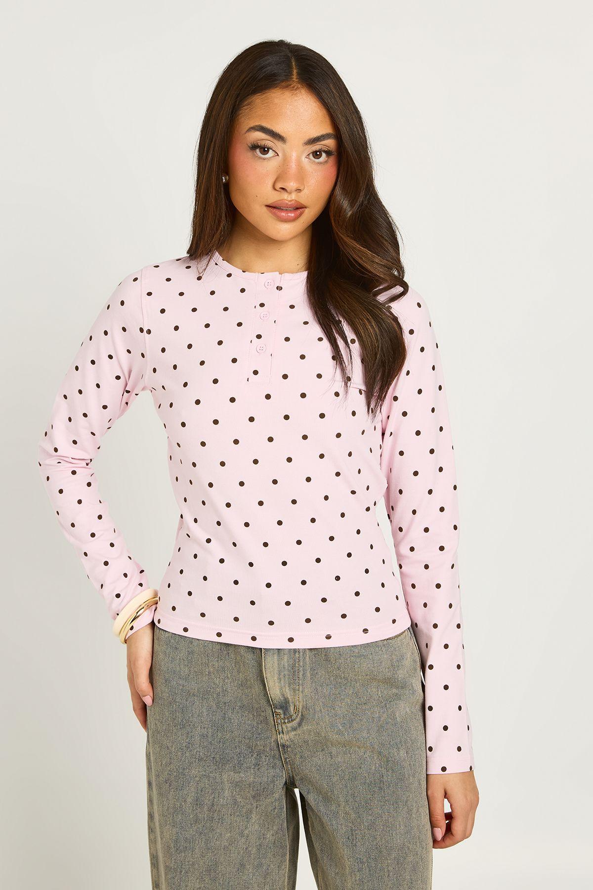 Polka Dot Long Sleeve Henley Top by BOOHOO