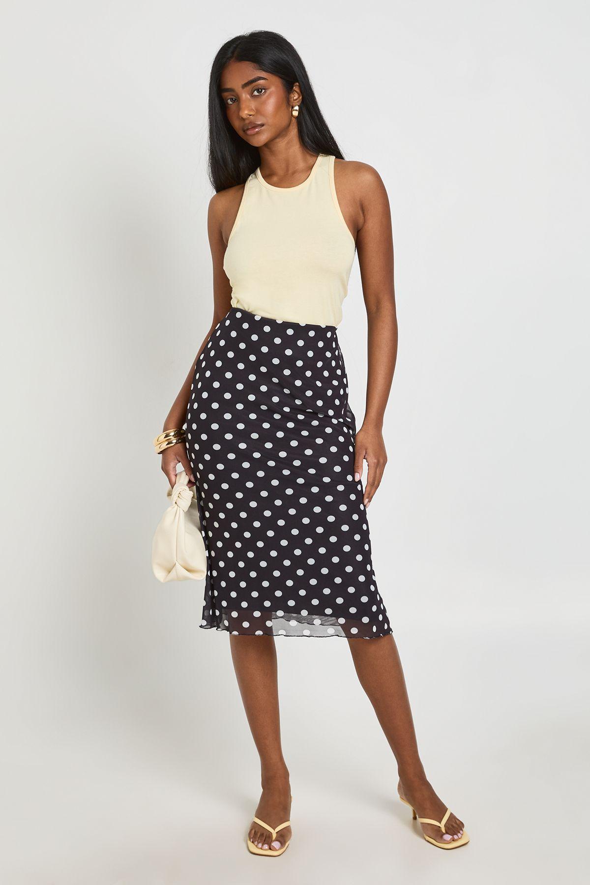 Polka Dot Mesh Midi Skirt by BOOHOO
