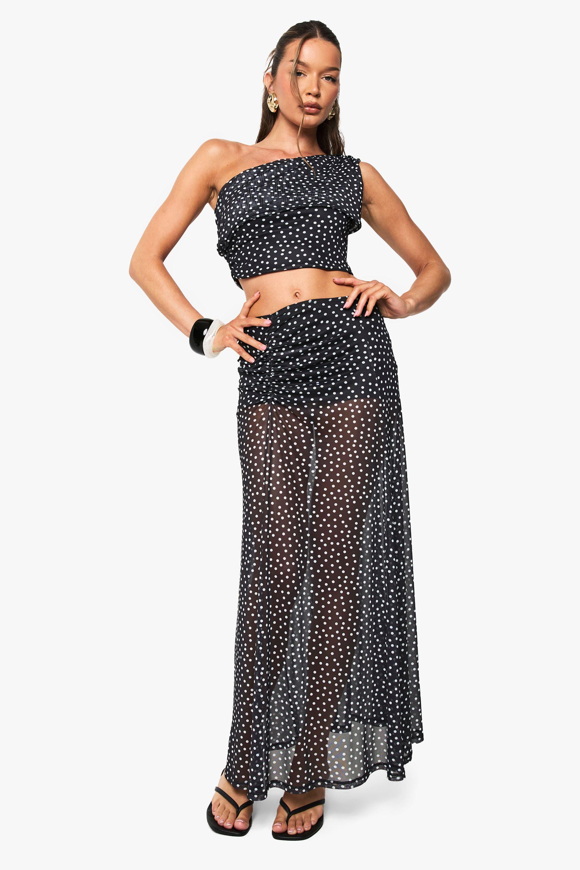 Polka Dot Mesh Ruched Maxi Skirt by BOOHOO