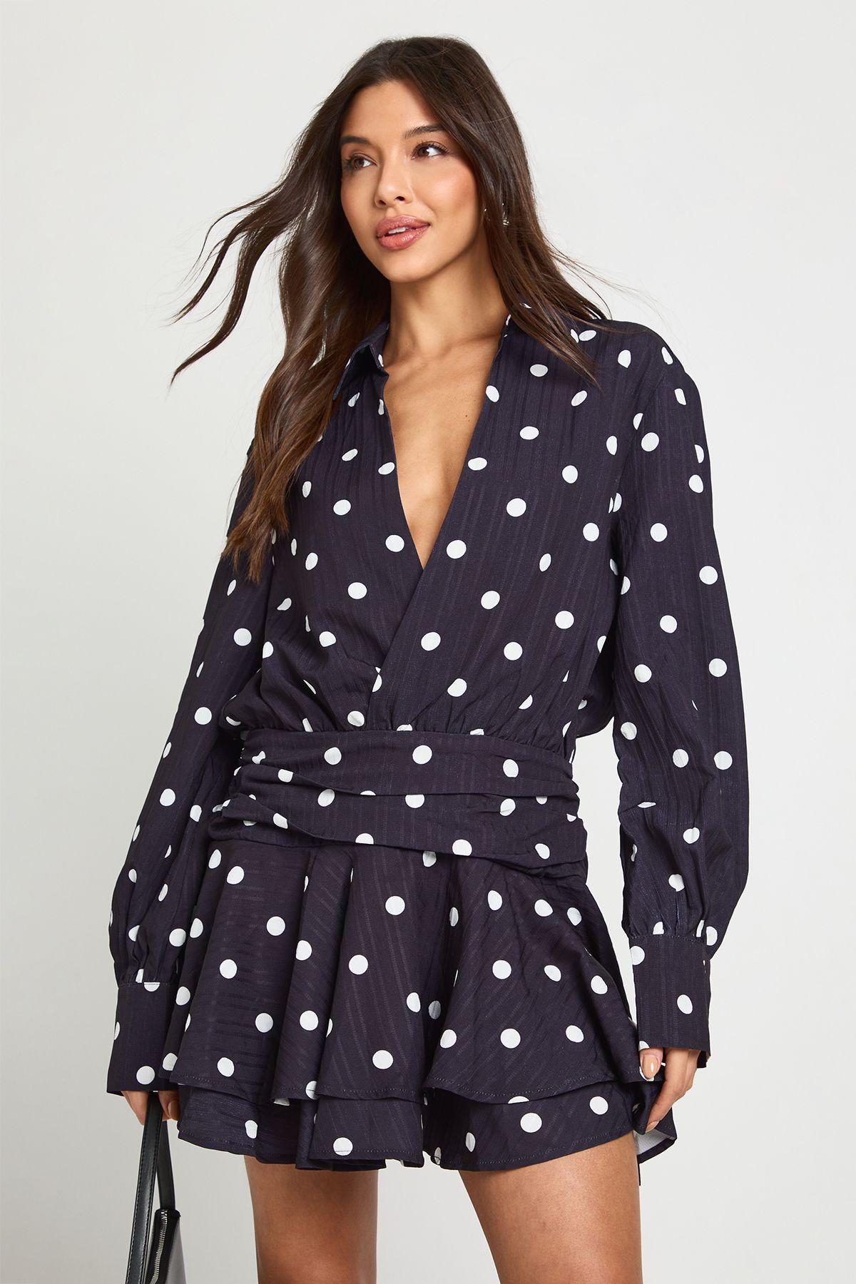 Polka Dot Ruched Front Mini Dress by BOOHOO