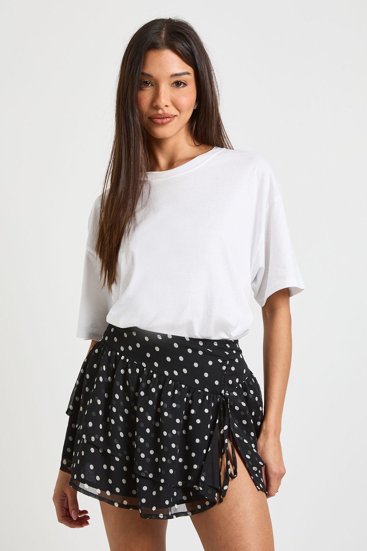 Polka Dot Ruffle Chiffon Tie Side Mini Skirt by BOOHOO