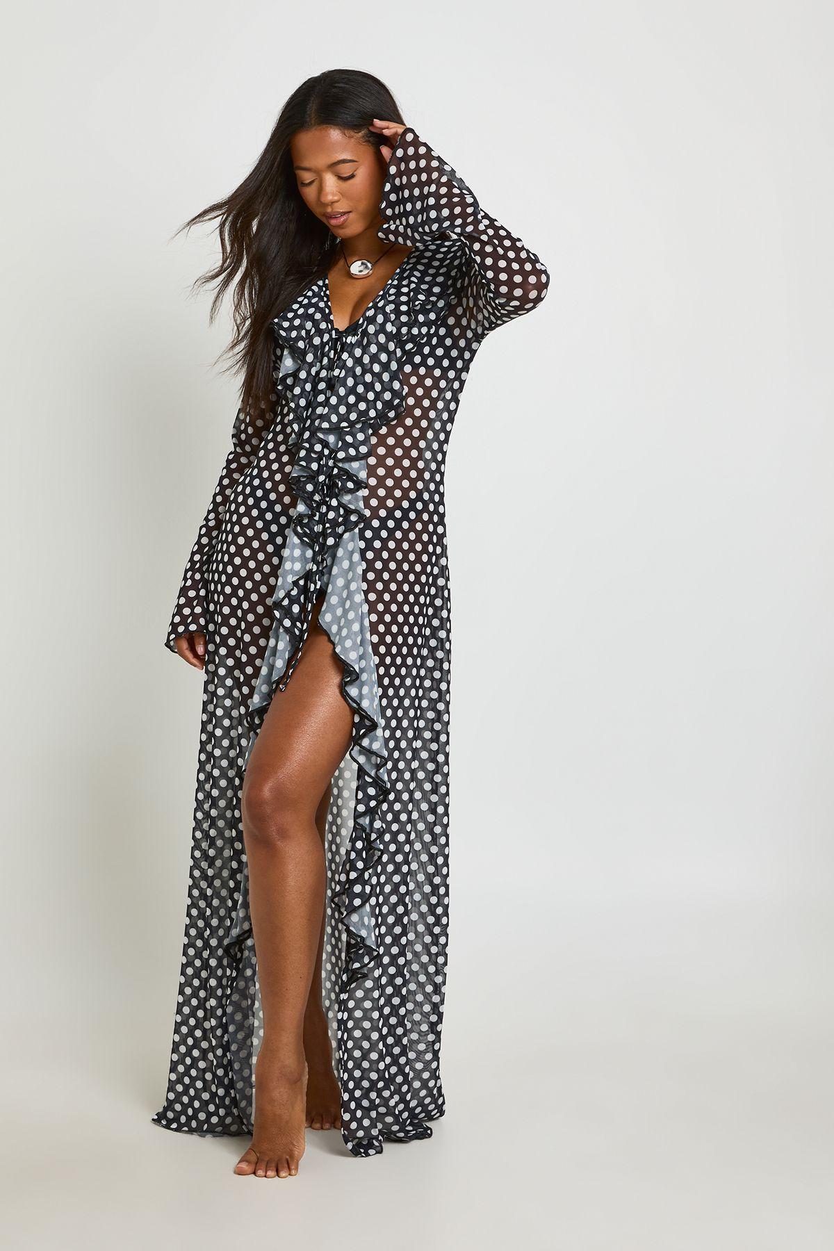 Polka Dot Ruffle Detail Mesh Maxi Beach Kimono by BOOHOO