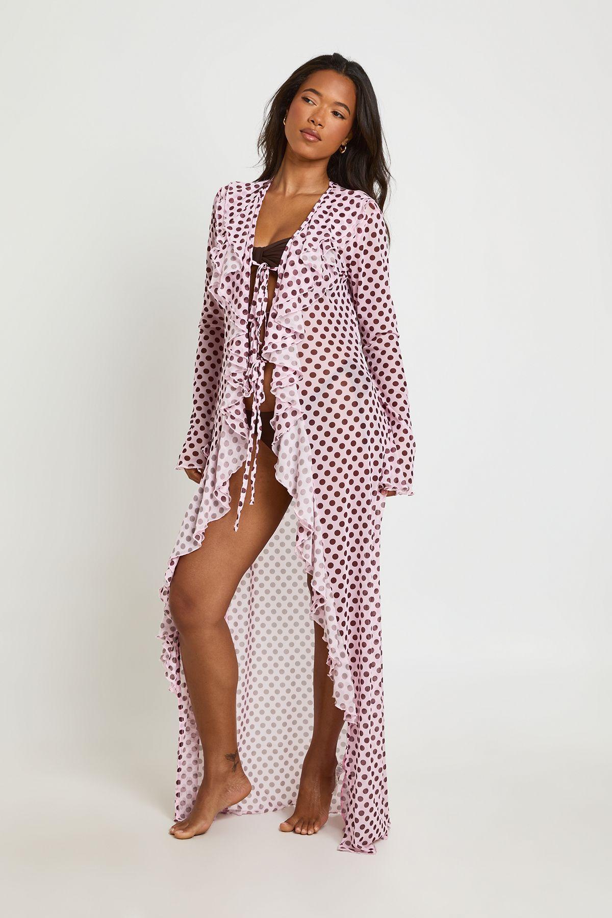Polka Dot Ruffle Detail Mesh Maxi Beach Kimono by BOOHOO