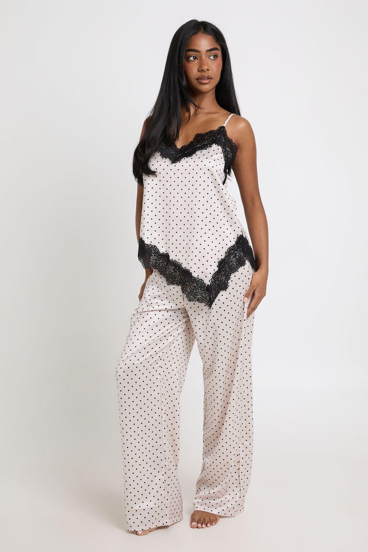 Polka Dot Satin Lace Trim Asymmetric Hem Cami & Trouser Pyjama Set by BOOHOO