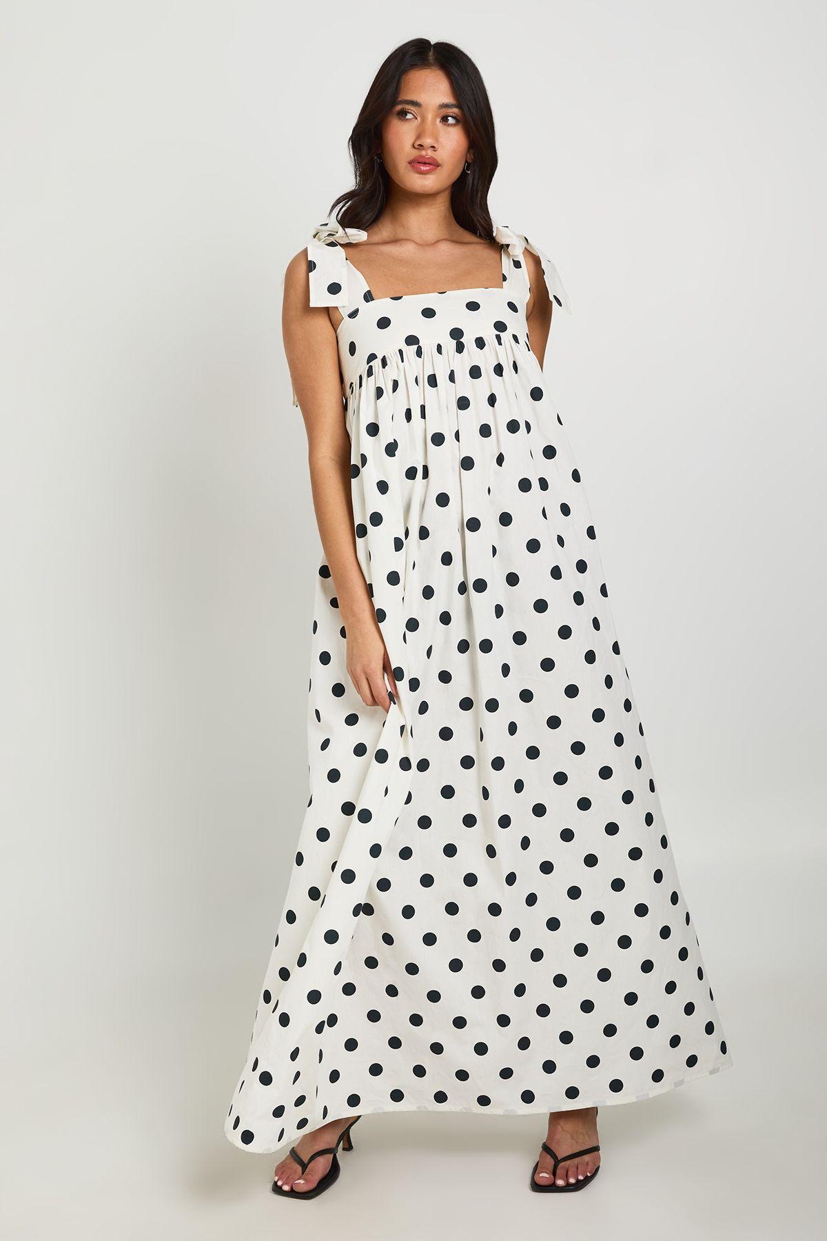 Polka Dot Tie Shoulder  Maxi Smock Dress by BOOHOO