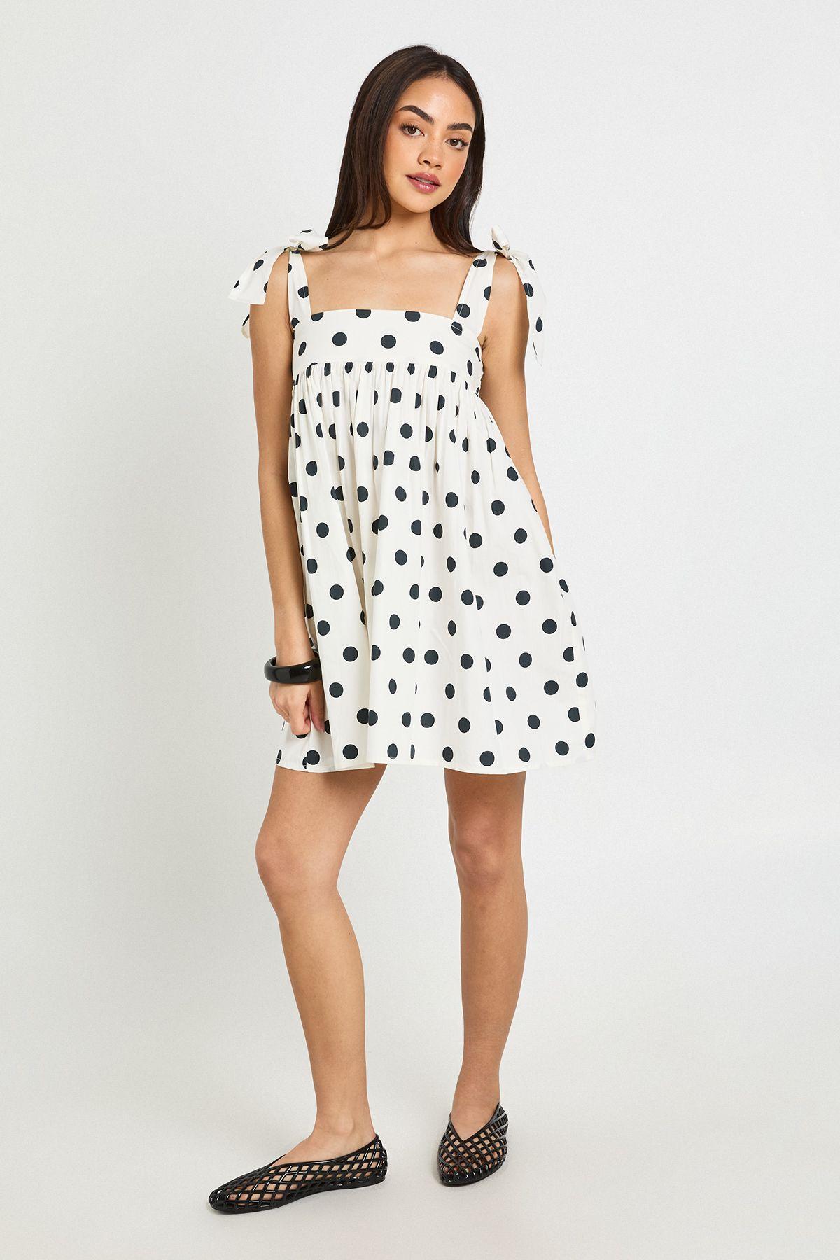 Polka Dot Tie Shoulder Mini Smock Dress by BOOHOO