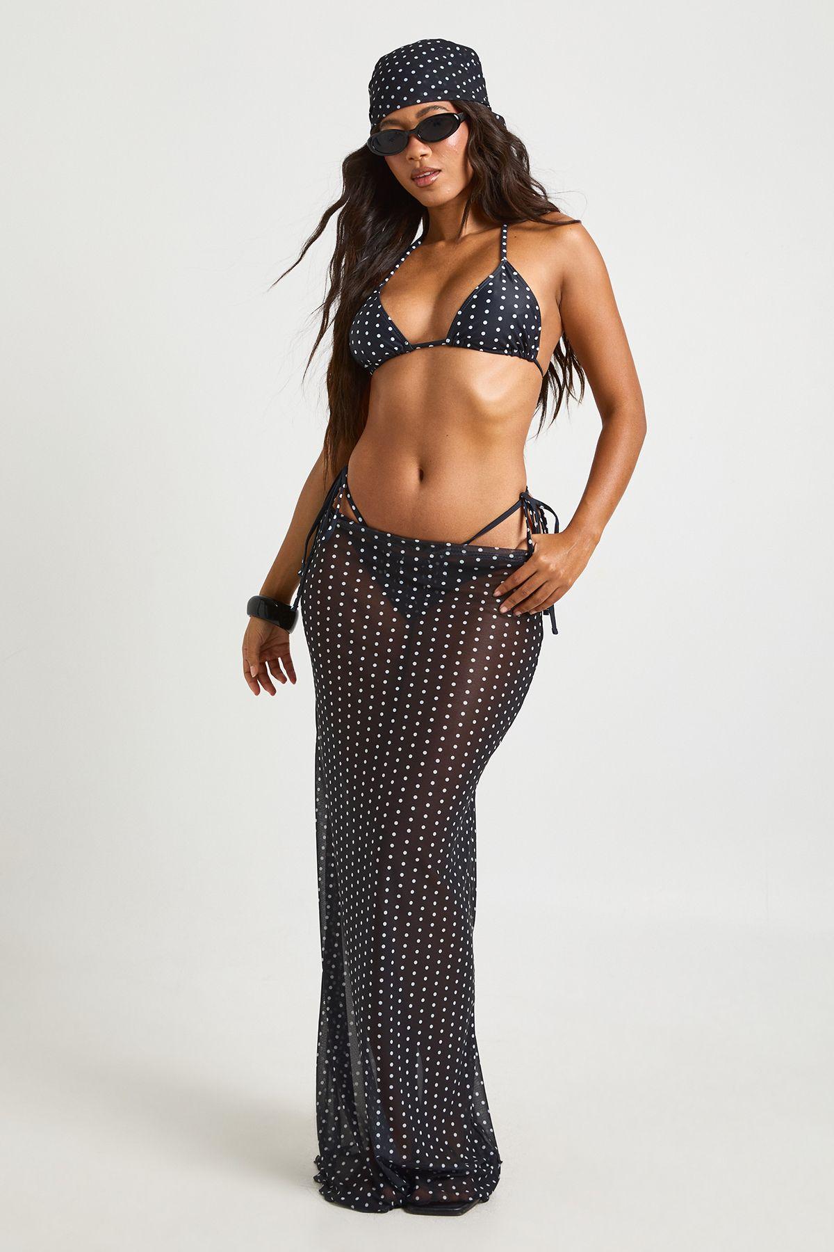 Polka Dot Triangle Bikini Set with Maxi Skirt and Headscarf by BOOHOO