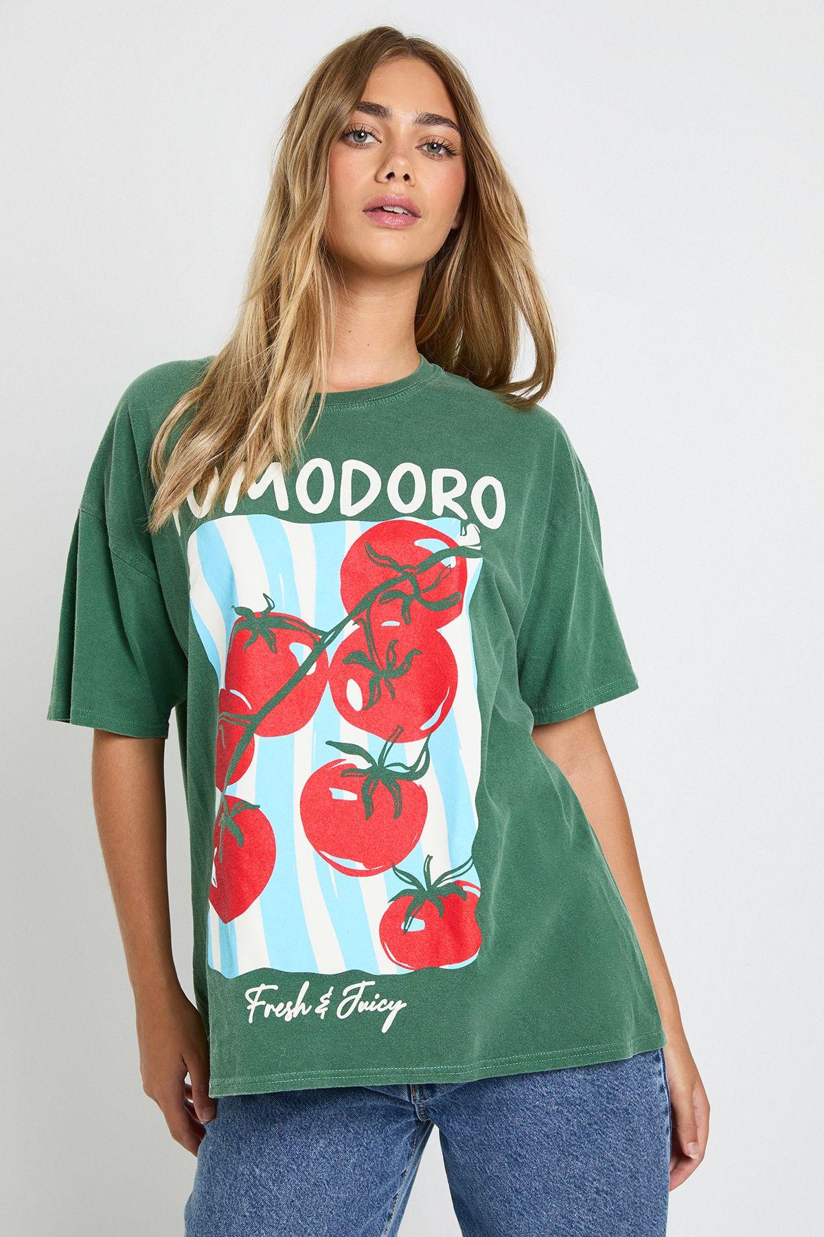 Pomodoro Tomatoes Overdye Printed T-Shirt by BOOHOO
