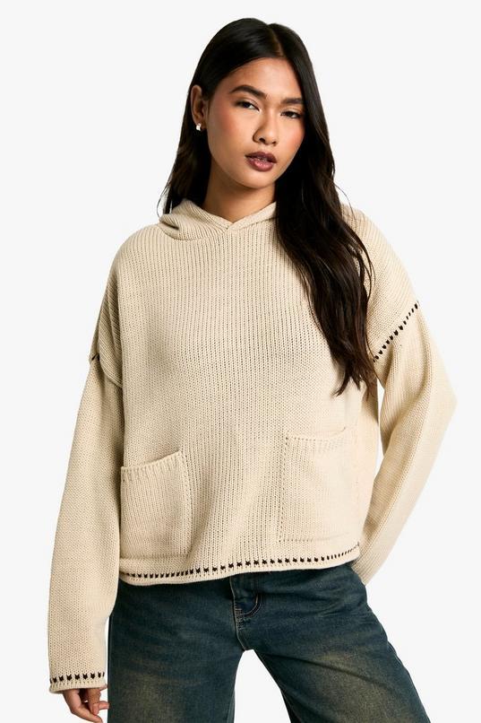 Premium Blanket Stitch Detail Knitted Hoody by BOOHOO