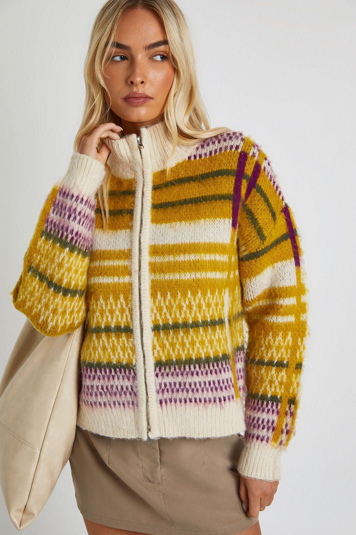Premium Chunky Knit Zip Through Check Detail Knitted Jumper by BOOHOO
