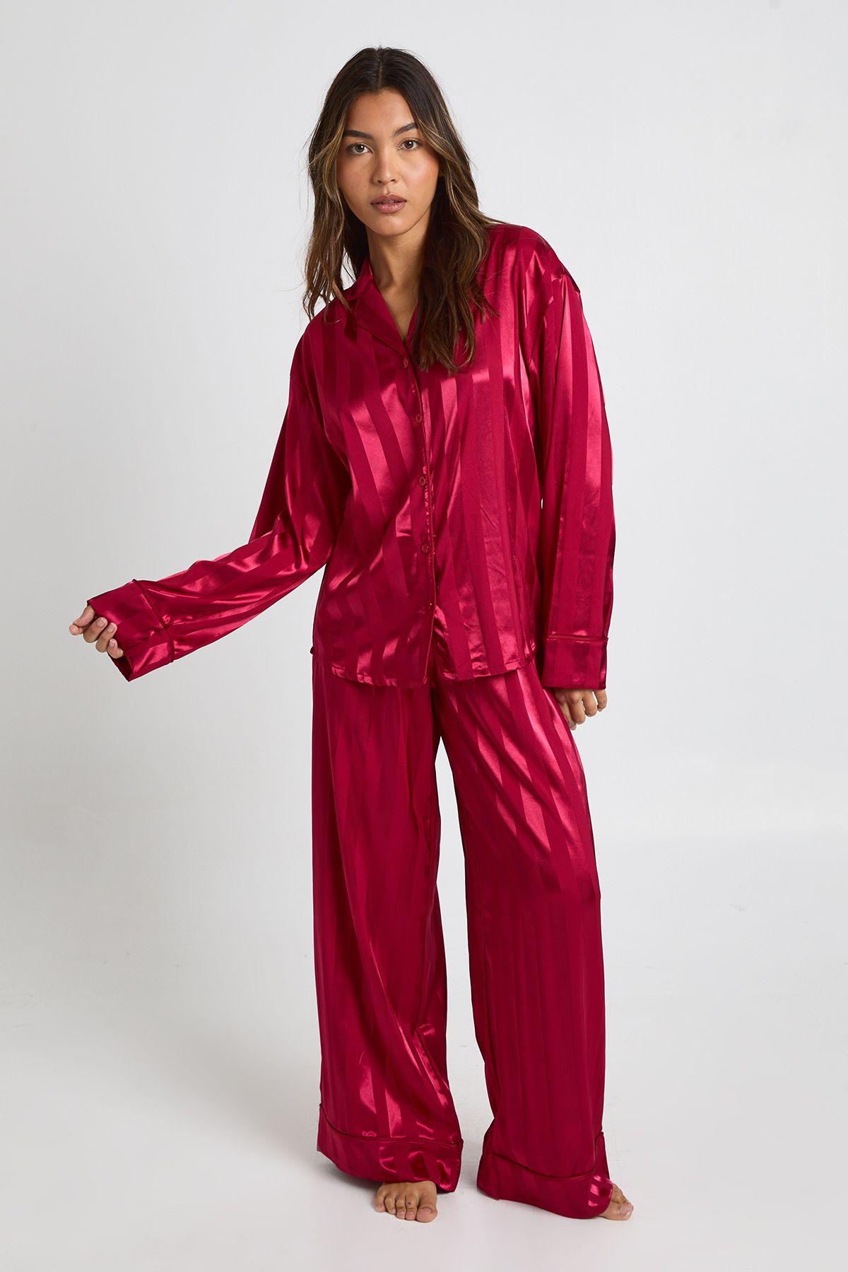 Premium Jacquard Satin Oversized Long Sleeve Shirt & Trouser Pyjama Set by BOOHOO