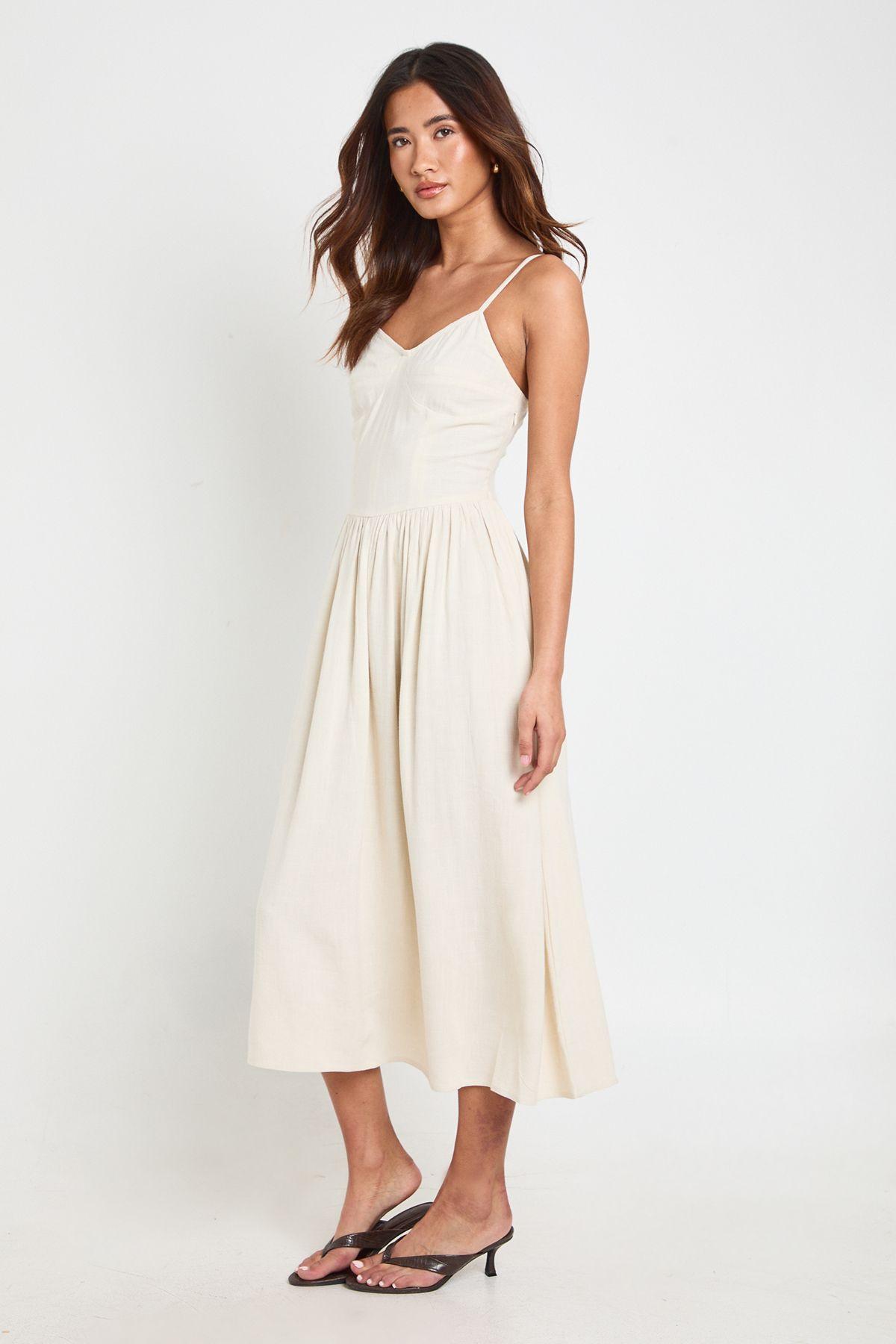 Premium Linen Corset Detail Midi Skater Dress by BOOHOO