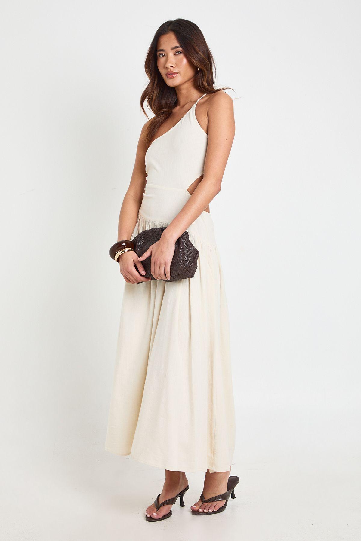 Premium Linen Cut Out Ruched Detail Midaxi Dress by BOOHOO