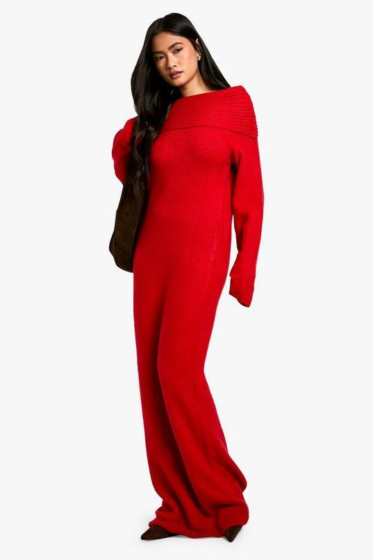 Premium Oversized Rib Bardot Neckline Soft Knit Jumper Dress by BOOHOO