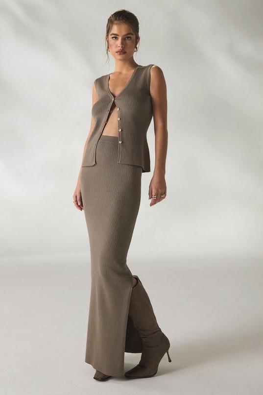 Premium Rib Knitted Longline Waistcoat and Maxi Skirt Set by BOOHOO