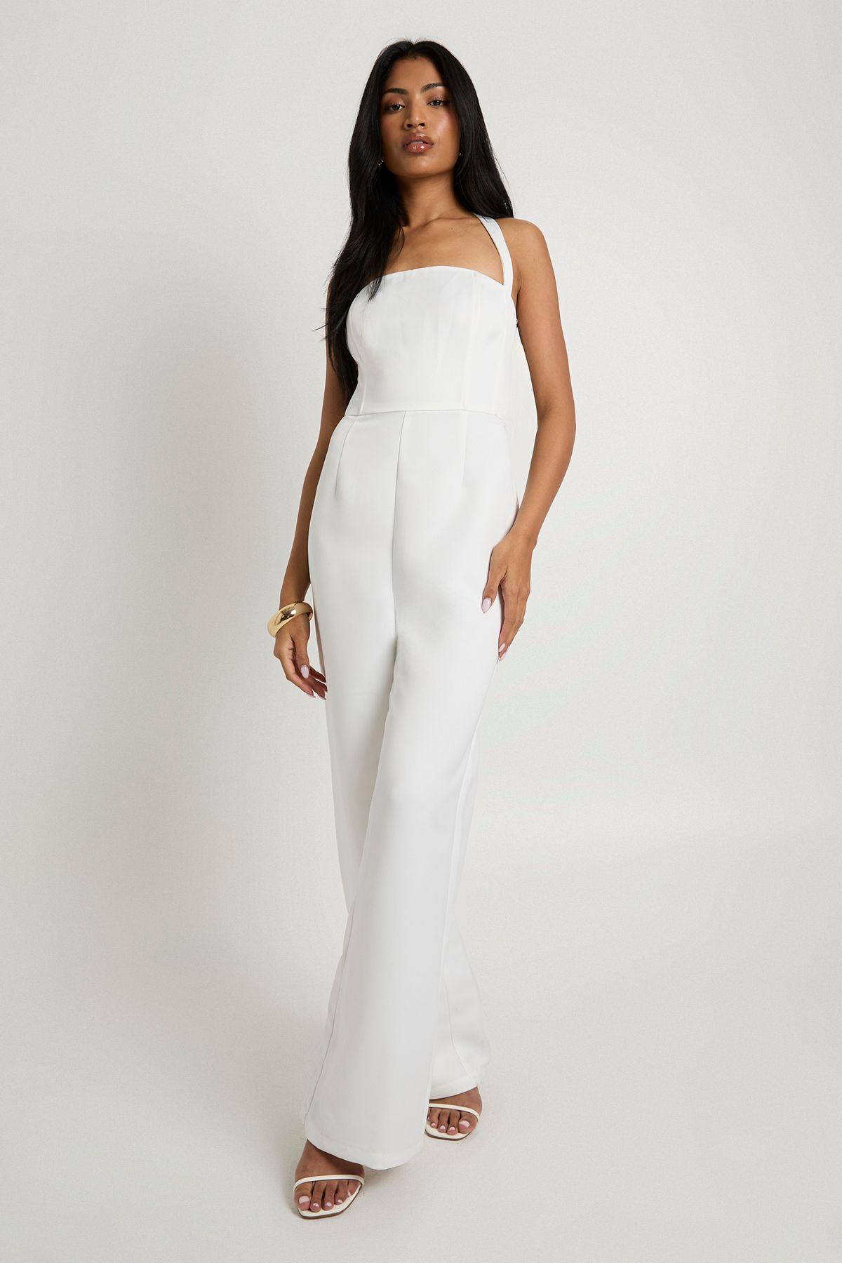 Premium Satin Boned Corset Halterneck Wide Leg Jumpsuit by BOOHOO