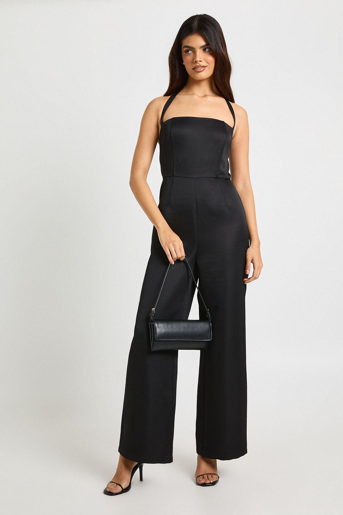 Premium Satin Boned Corset Halterneck Wide Leg Jumpsuit by BOOHOO
