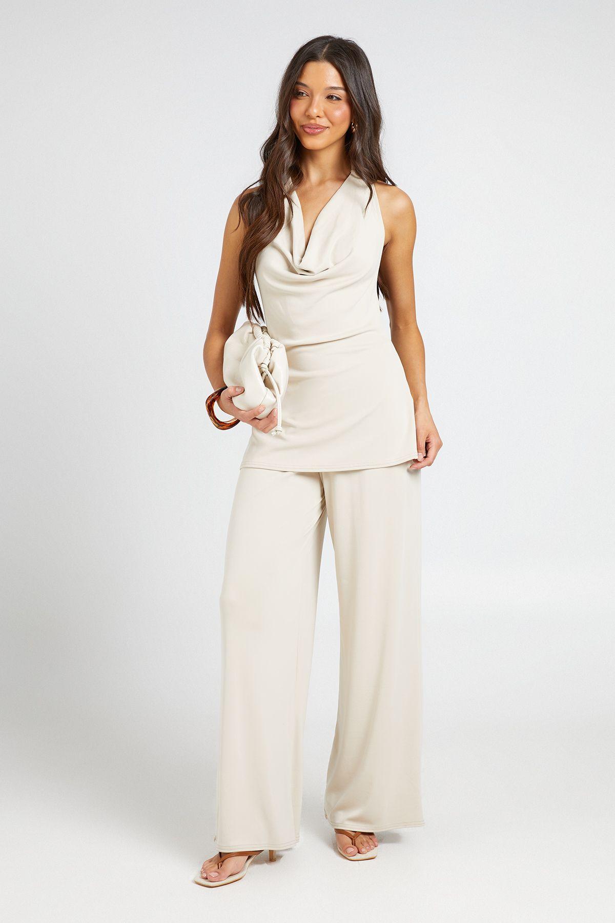 Premium Washed Cowl Neck Longline Top and Wide Leg Trouser Coord by BOOHOO