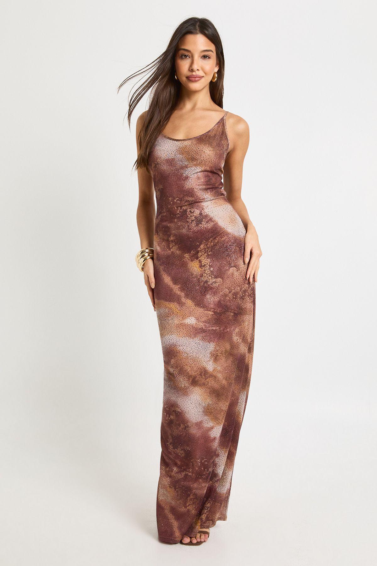 Printed Hot Fix Sequin Low Scoop Neck Maxi Dress by BOOHOO